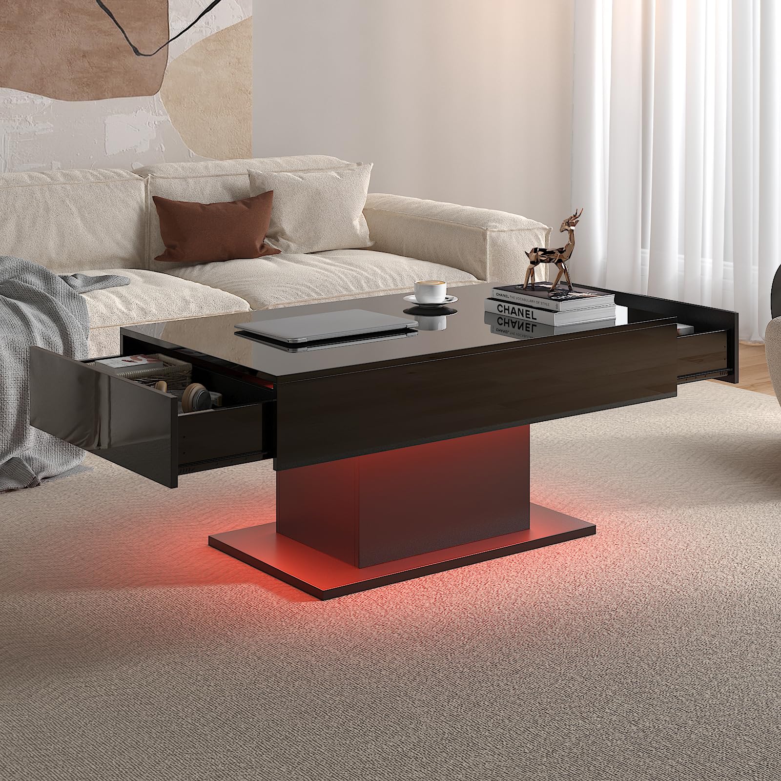 KEEPREAPER Black Led Coffee Table with 2 Storage Drawers for Living Room, Living Room Table Rectangular Center Table, Modern High Glossy Wooden Coffee Tables with Lights for Dining Reception Room