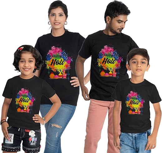 happyholi22 Happy Holi T-Shirt for Family Men Women Couple Kids, Black, 100% Cotton - (Single Piece only - not a Combo Pac...