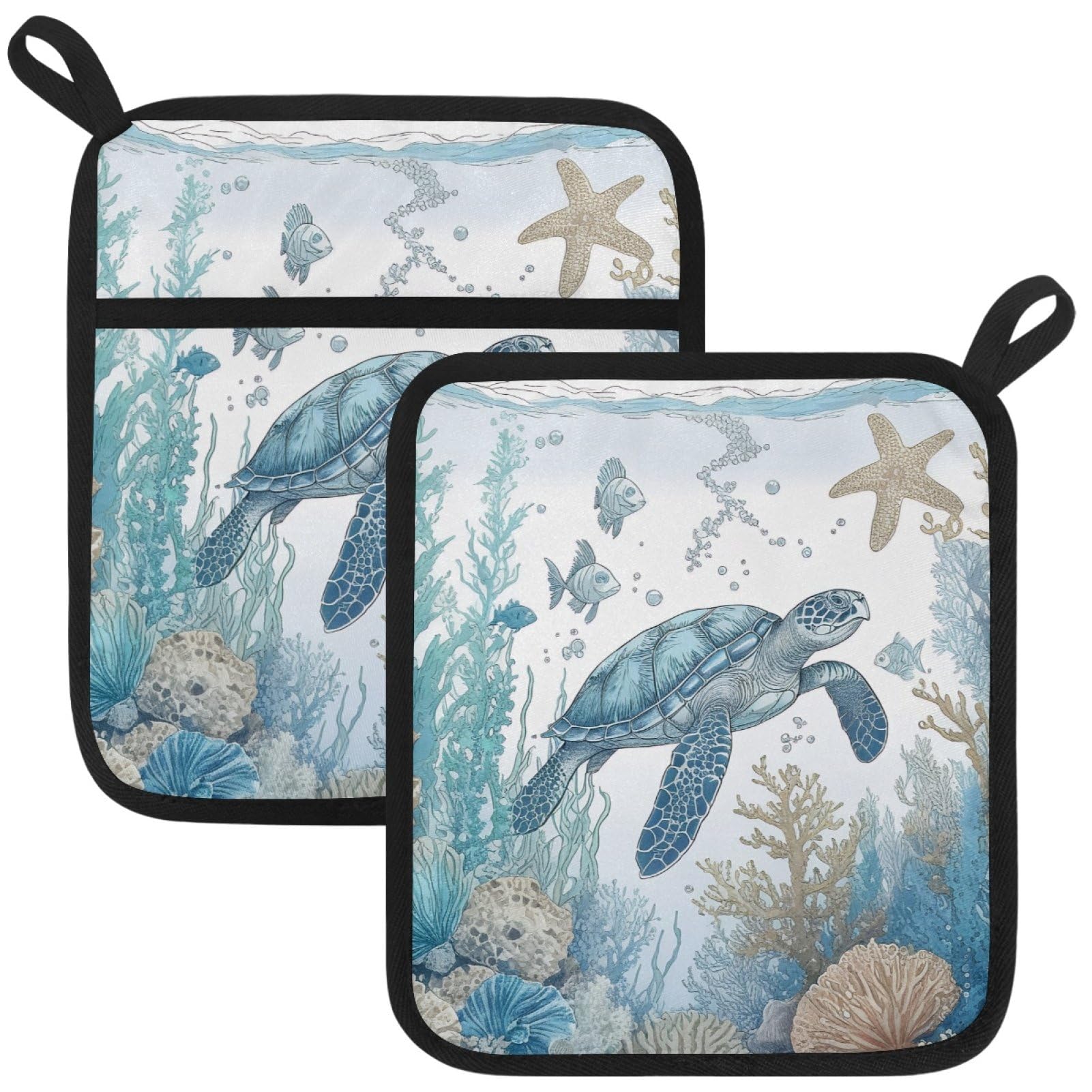 VAPOKF Sea Turtle Starfish Pot Holders with Pocket for Kitchen Heat Resistant Potholders Large Polyester-Cotton Square Oven Mitts Set