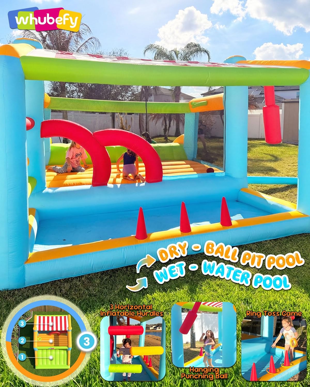 Whubefy 15-in-1 Bounce House with Large Slide and Ball Pit/Water Pool for Kids 3-12, 16.1' x 11.5 'x 8' Giant Inflatable Bouncy Castle with Sun Shade, Dart Board, Ring Toss Game for Outdoor Backyard