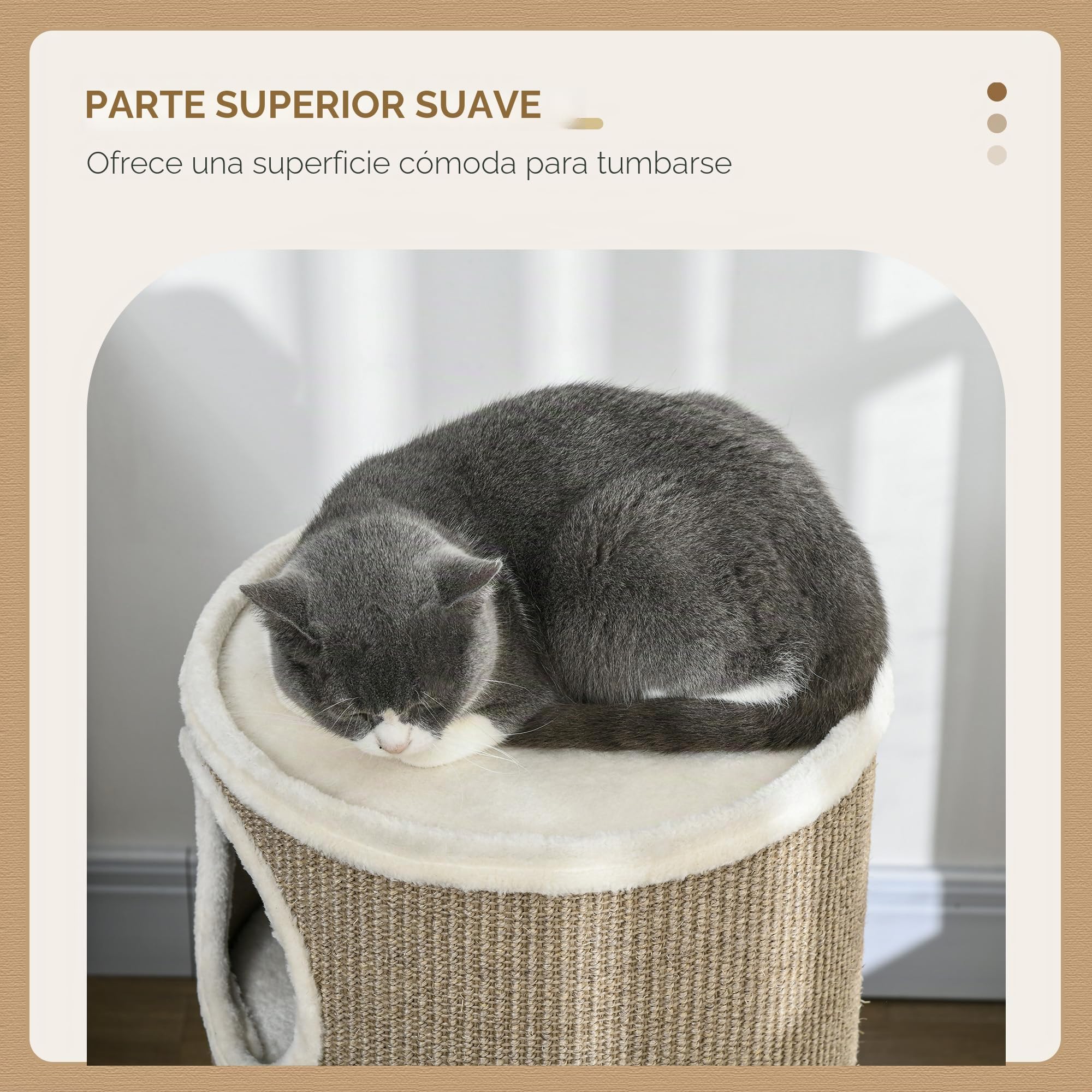 PawHut Barril rascador de 70 cm de alto, 38 cm de diámetro, 38 cm de diámetro, 3 pisos, con borde de felpa, cueva para gatos, árbol rascador para gatos pequeños, color marrón