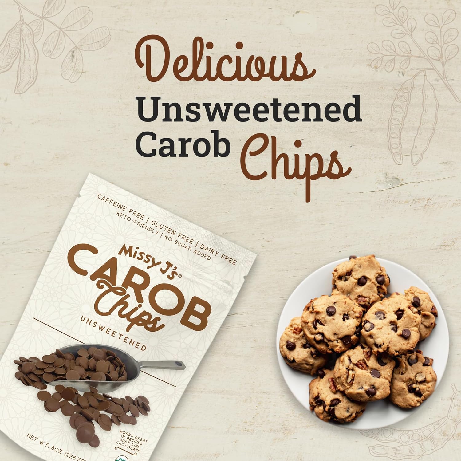 Missy Js Organic Unsweetened Carob Chips 8 oz | Vegan and Gluten-Free | Healthy Caffeine Free Chocolate Substitute for Baking and Snacking (3 Pack)