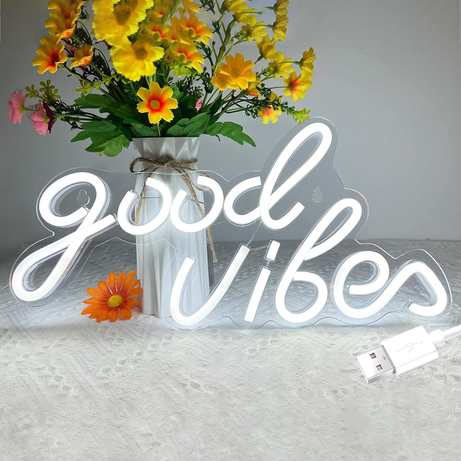 Good Vibes Neon Sign, LED Neon Signs for Wall Decor, White Neon Lights for Bedroom & Party Art Decor, USB Powered Bright Neon Light for Lover, Friends