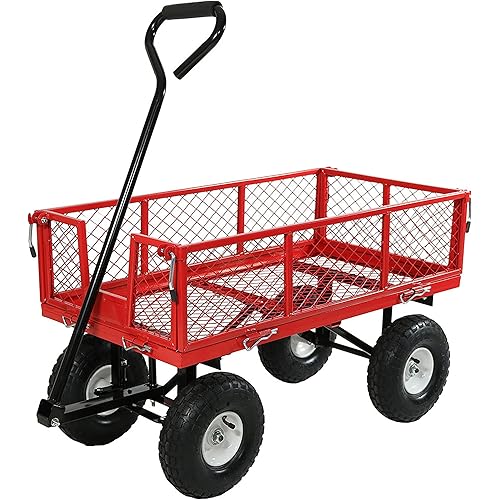 Sunnydaze Utility Steel Garden Cart, Outdoor Lawn Wagon with Removable Sides, Heavy-Duty 400 Pound Capacity, Red