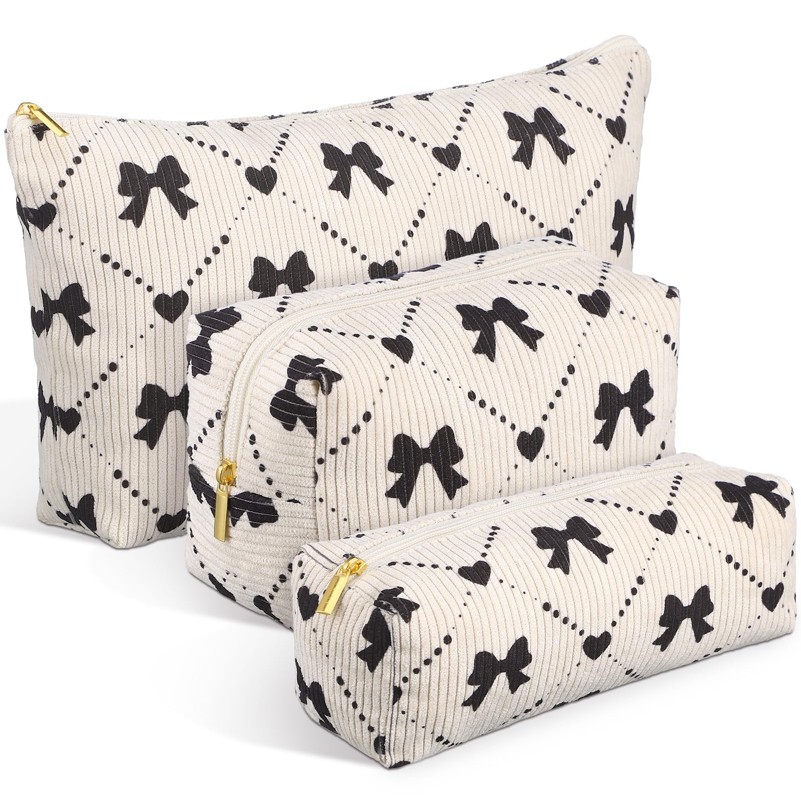 Xuniea 3 Pcs Corduroy Makeup Bag Set for Women Coquette Bow Cosmetic Pouch Preppy Pencil Case Large Toiletry Bags Portable Travel Toiletry Versatile