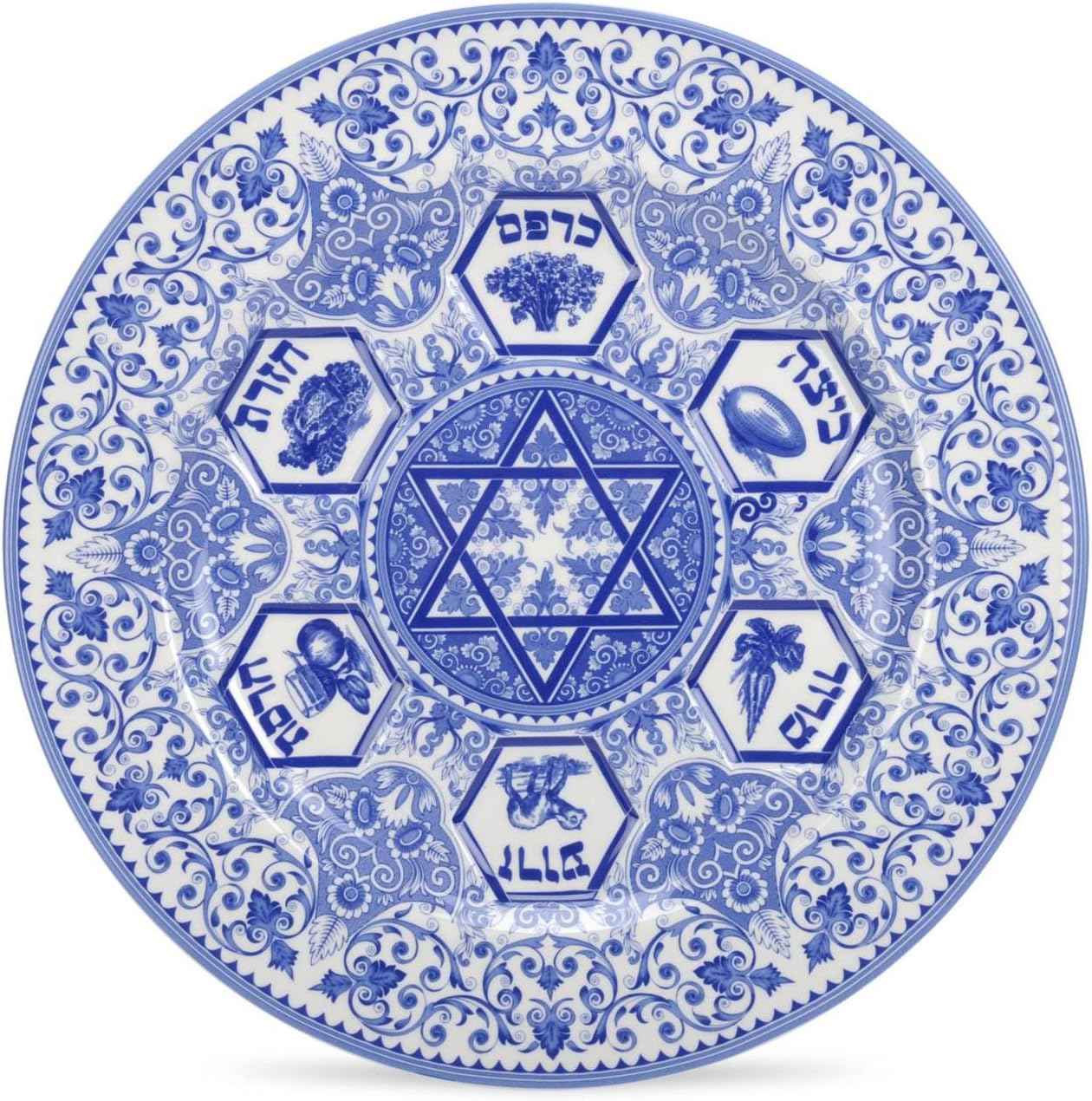 Spode Judaica Collection Oval Platter - 14 Inch Blue & White Porcelain Serving Tray for Roast, Fish, Challah - Shabbat and Jewish Holiday Serveware with Star of David - Microwave & Dishwasher Safe