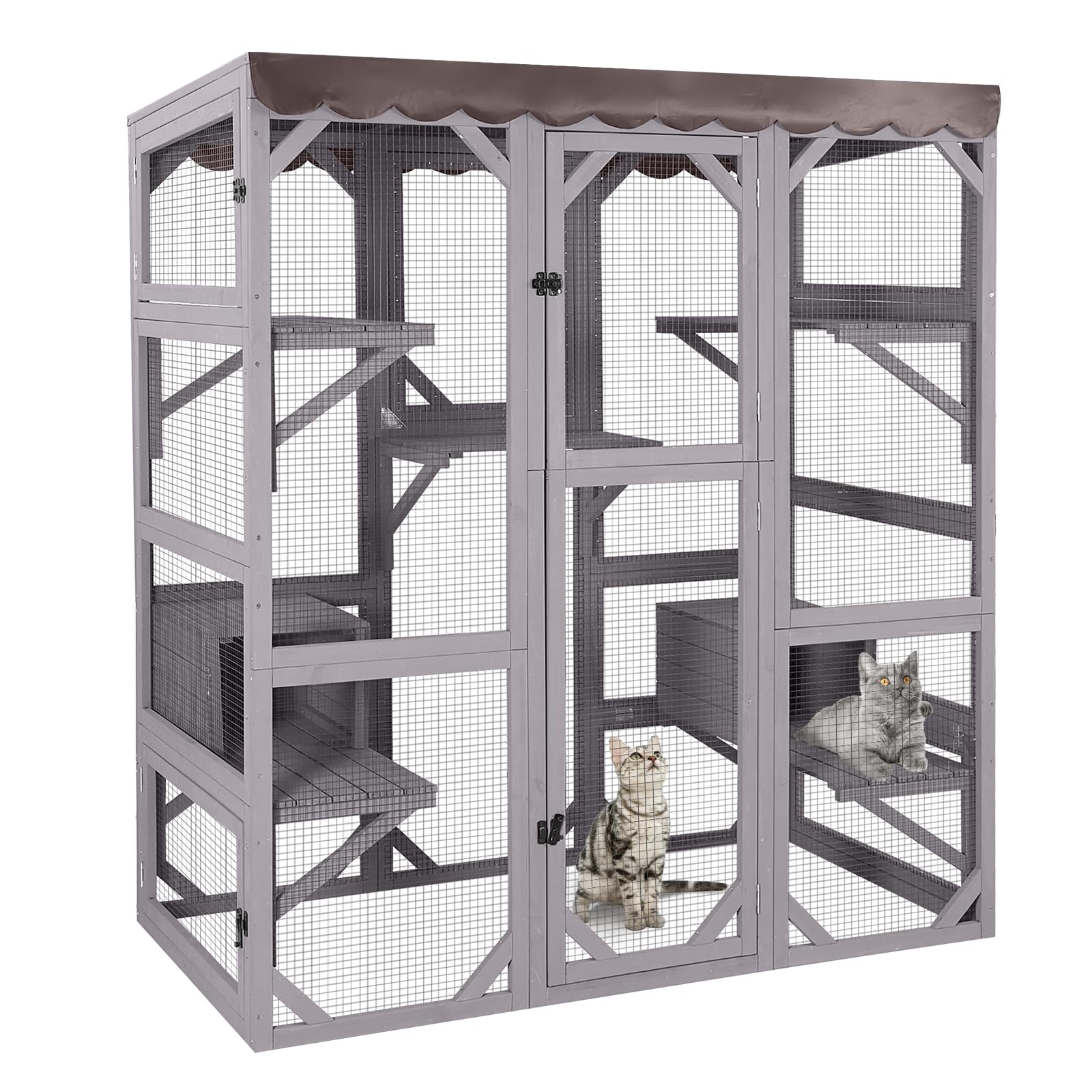 GUTINNEEN Cat House Outdoor Catio Cat Encolsure 71" Large Wooden Cat Cage Condo Window Kitty Shlter Playpen with Platforms, Resting Box, Upgrade Waterproof Cover for Feral/Stray Cats