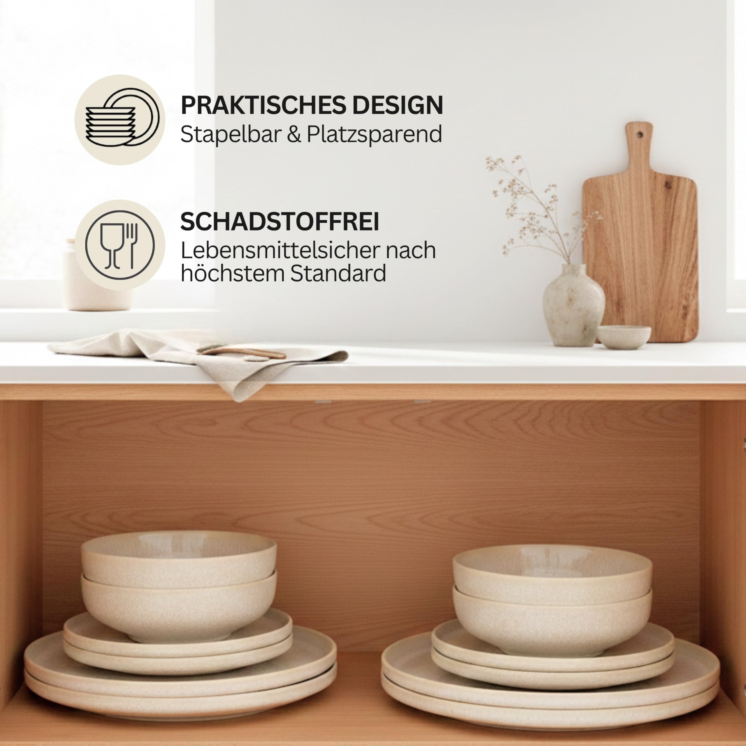SÄNGER Geschirrset Korfu 12 tlg Steingut Handmade Teller Set Creme Sandiger Maserung