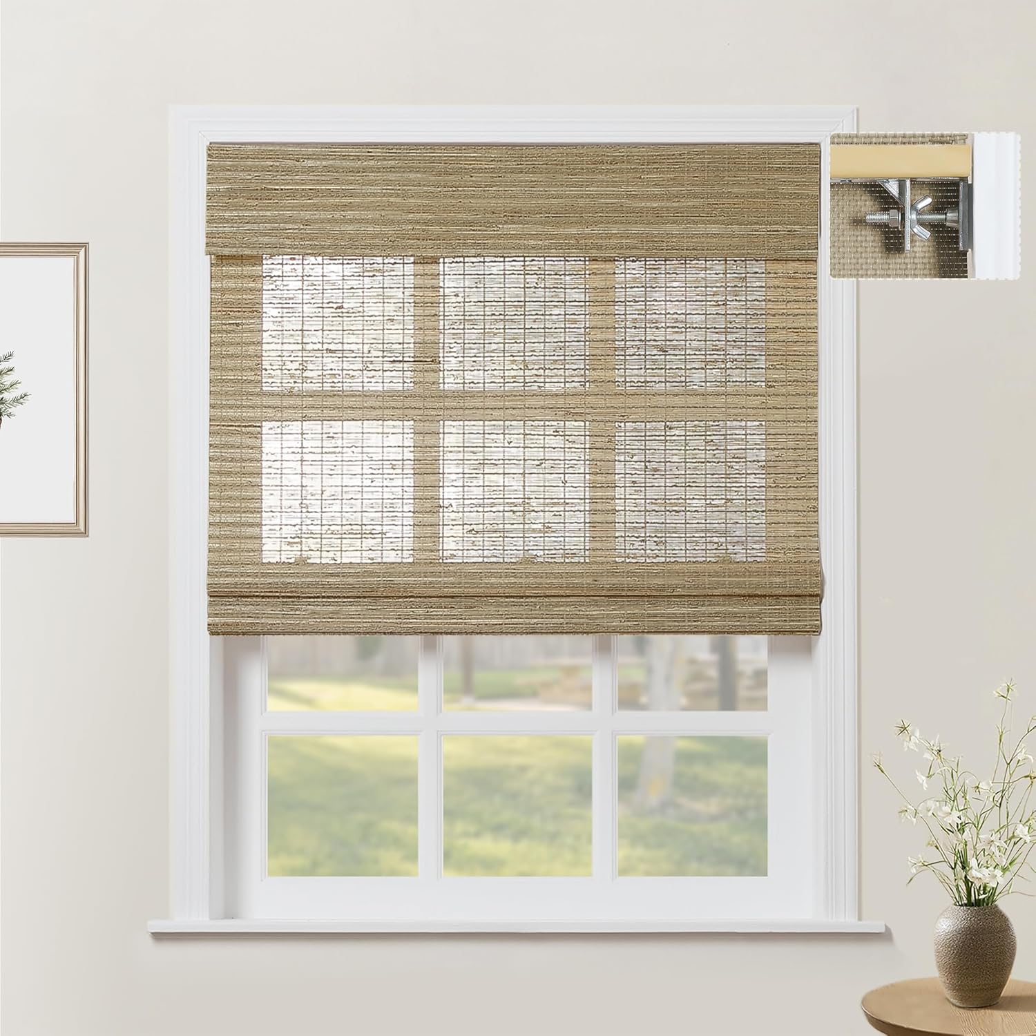 TWOPAGES Cordless Roman Blind Jute Flax Woven Roman Shade for Kitchen Windows, Custom Made Roman Window Shade Light Filtering Privacy Roman Shade, Install Hardware Included, 1 Piece, Grass Yellow