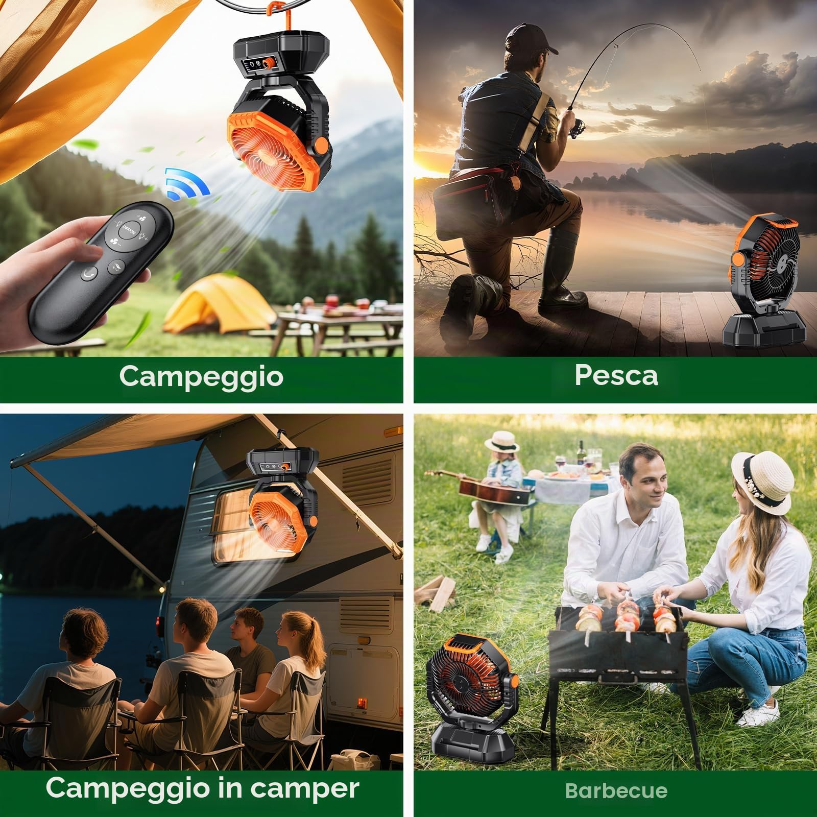 Ventilatore da Campeggio con Lanterna a LED, 20000 mAh Ventilatore da Tavolo con Telecomando e Gancio, Rotazione di 270°, Velocità Continua, Modalità Timer, per Tenda da Interno ed Esterno（Arancia）
