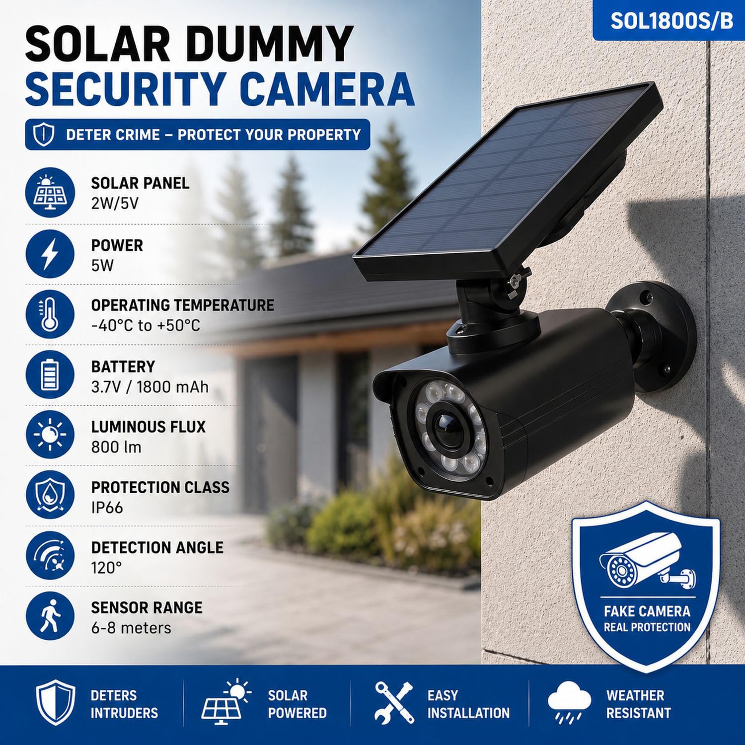 Maclean Fotocamera solare imitazione con sensore, illuminazione a LED e