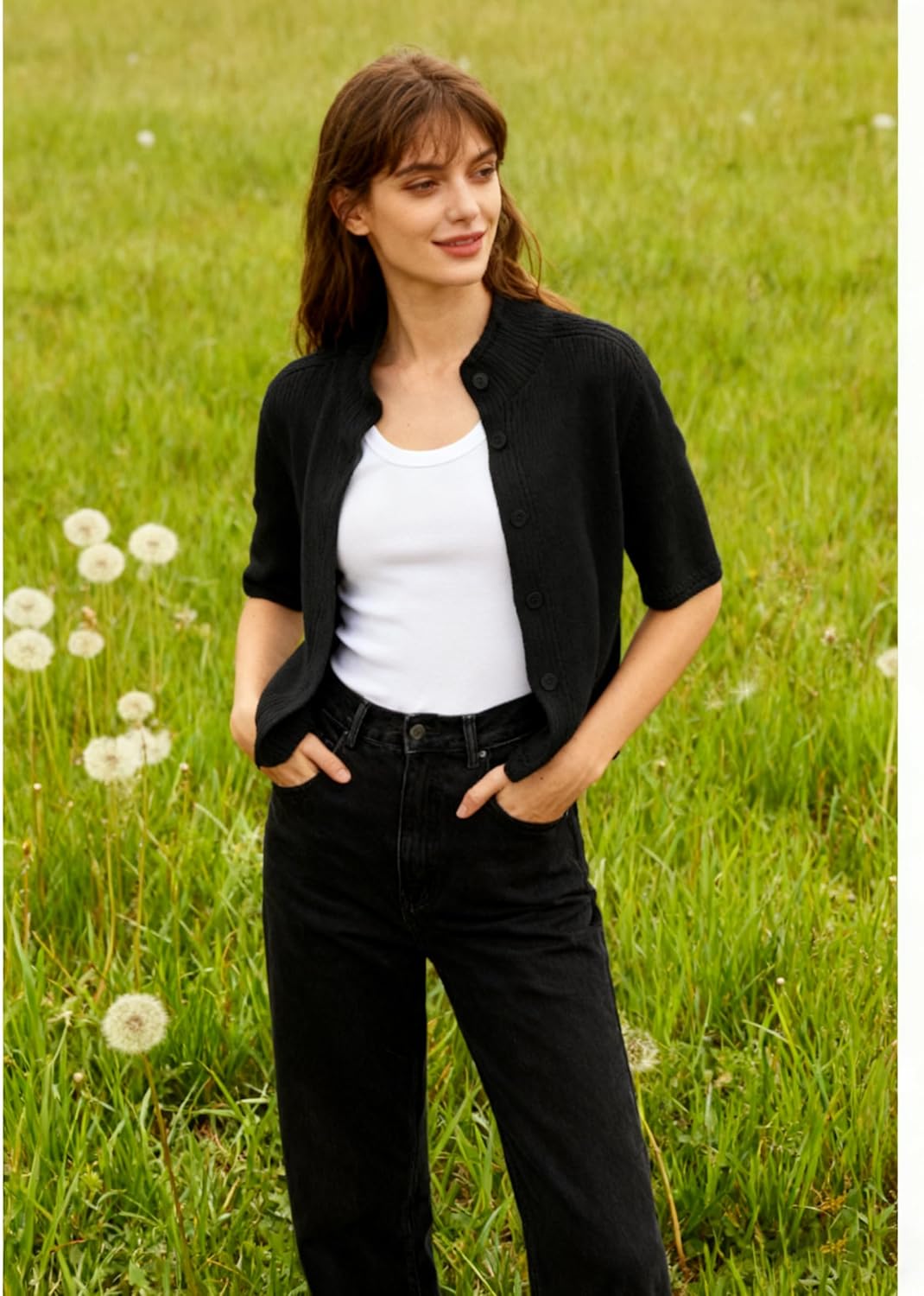 Bankeng Cropped Short Sleeve Cardigan Sweaters for Women Stand Up Collar Button Down Lightweight Knit Sweater Top - Image 3