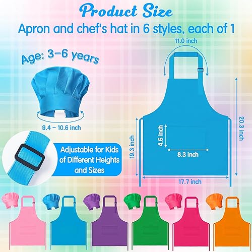 Miniatura 2 de Juego de delantal y sombrero de chef para niños, 6 piezas de delantal de cocina ajustable colorido para niñas y niños, juguete de simulación, regalo