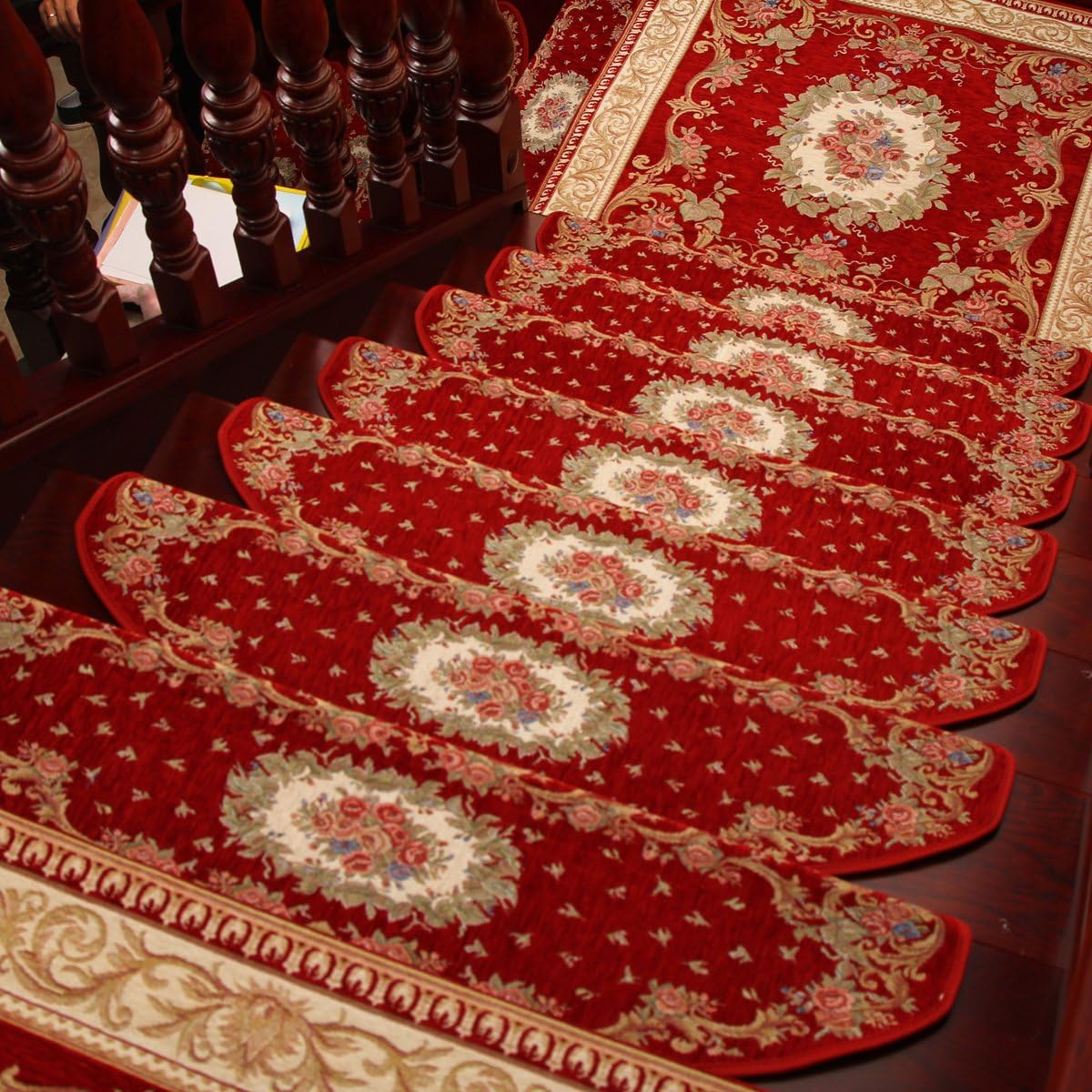 KEYAMA Acrylic Set of 15 Indoor Floral Bullnose Carpet Stair Treads - Non-Slip, Free Tape - Staircase Decorative Area Rug, 9" W x 31" L, Red 059