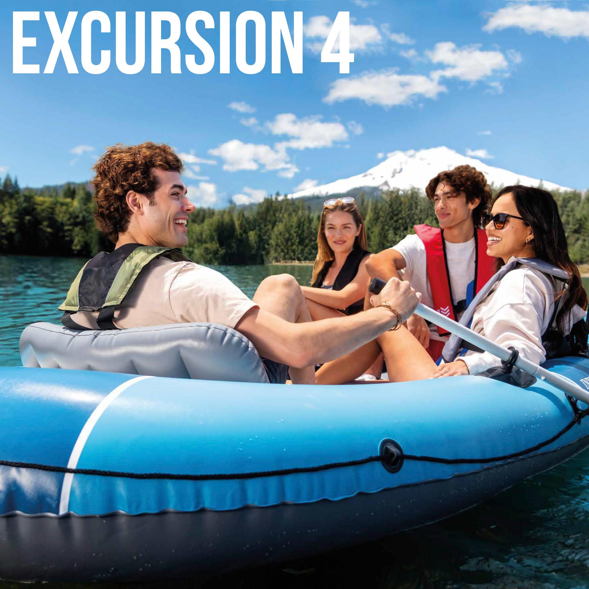 Intex Barca Hinchable, Excursion 4, 315x165x43 cm, Máx. 500 kg, para 4 Personas, Incluye remos y Asientos, Bomba de inflado, Parche reparación, 3 cámaras de Aire, Pesca o recreo