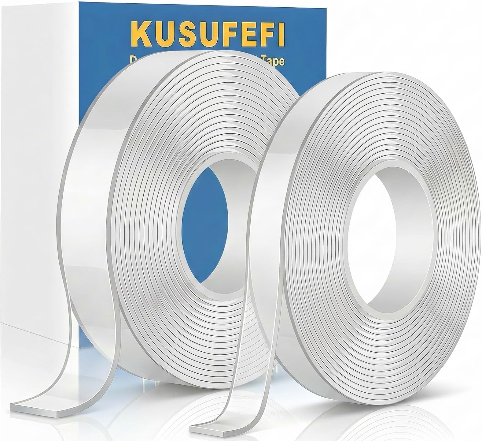 KUSUFEFI Double Sided Adhesive tape Heavy Duty, Double Stick Mounting (2 Rolls, Total 20FT), Clear Two Sided Wall tape Strips, Removable Poster tape for Home, Office, Car, Outdoor Use