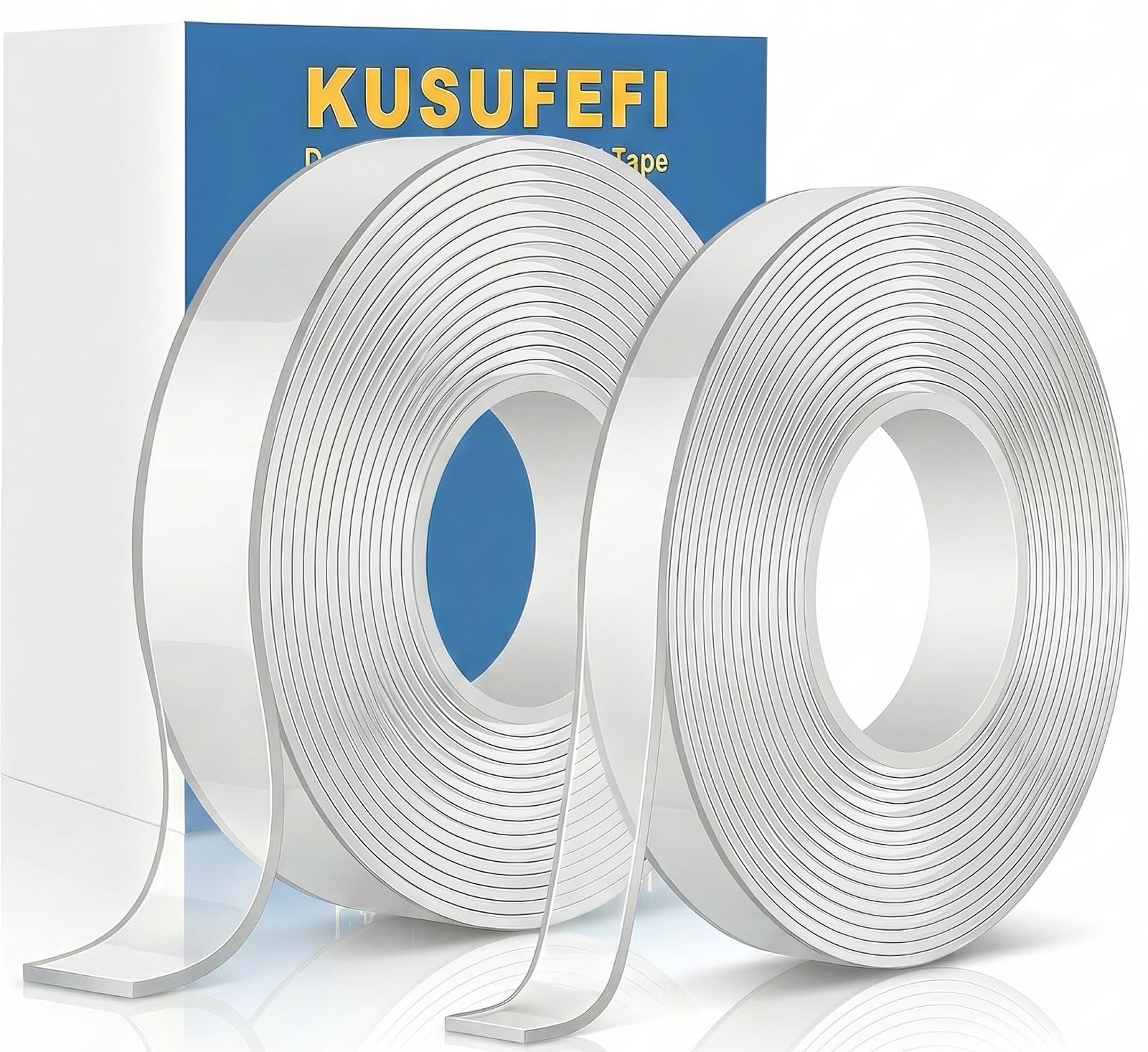 KUSUFEFI Double Sided Adhesive tape Heavy Duty, Double Stick Mounting (2 Rolls, Total 20FT), Clear Two Sided Wall tape Strips, Removable Poster tape for Home, Office, Car, Outdoor Use