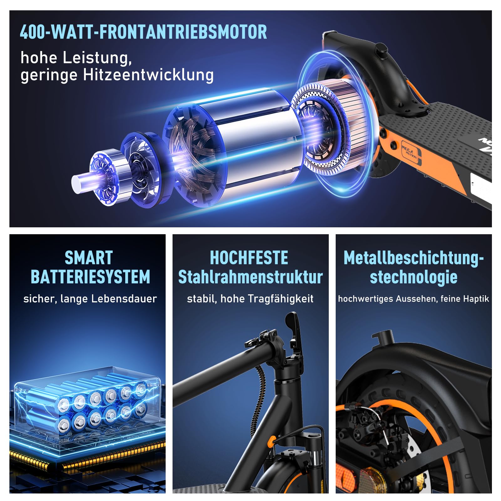 MEGA MOTION Trottinette électrique avec autorisation de circulation routière (ABE) - Pliable - Pour adulte - Portée de 35 km - Pneus de 8,5" - Moteur 400 W et double suspension - Sac de transport et
