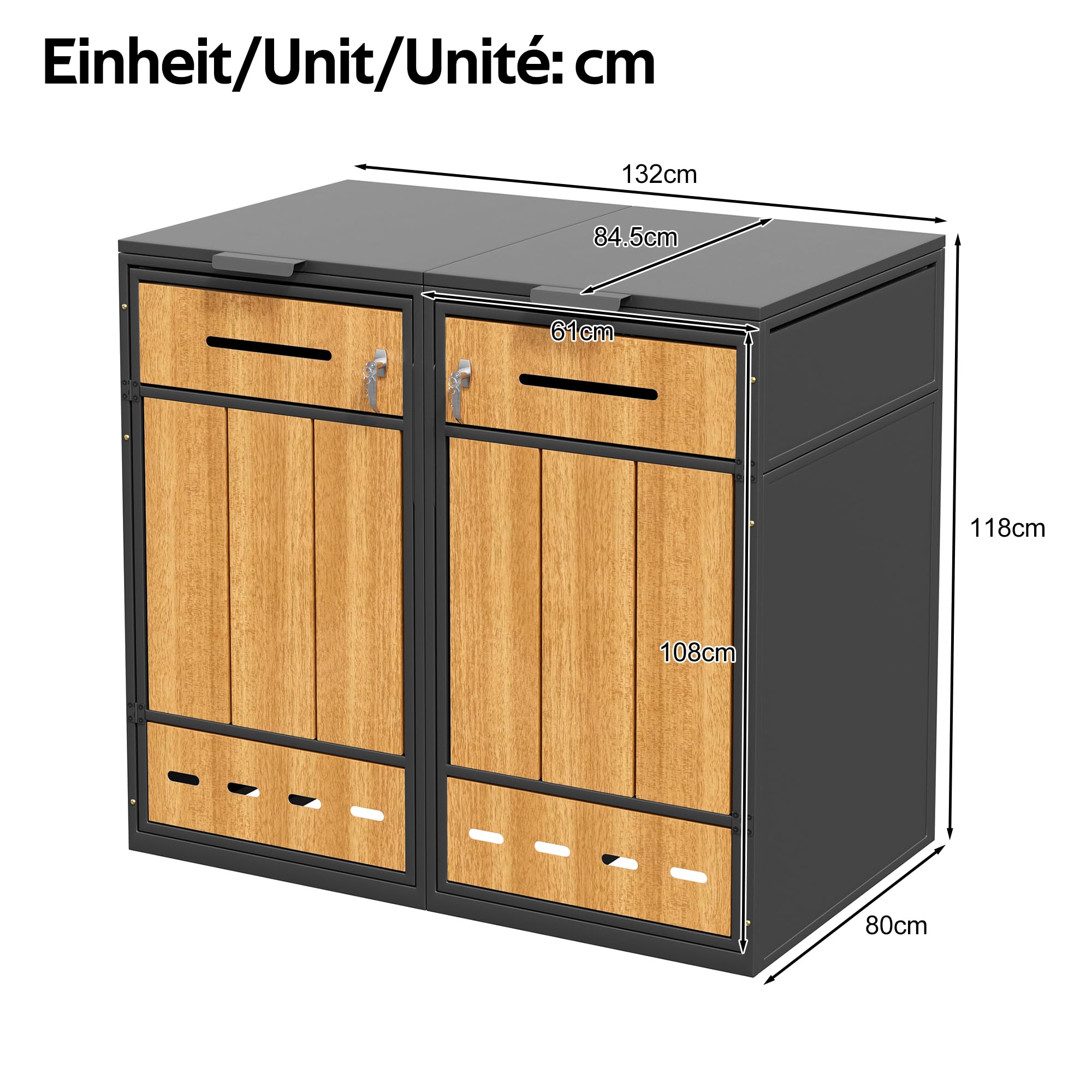 Caja para contenedores de basura, puede contener dos contenedores de basura (120-240 litros), con orificios de ventilación, compartimentos de almacenamiento de basura, con cerradura, dos puertas (1)