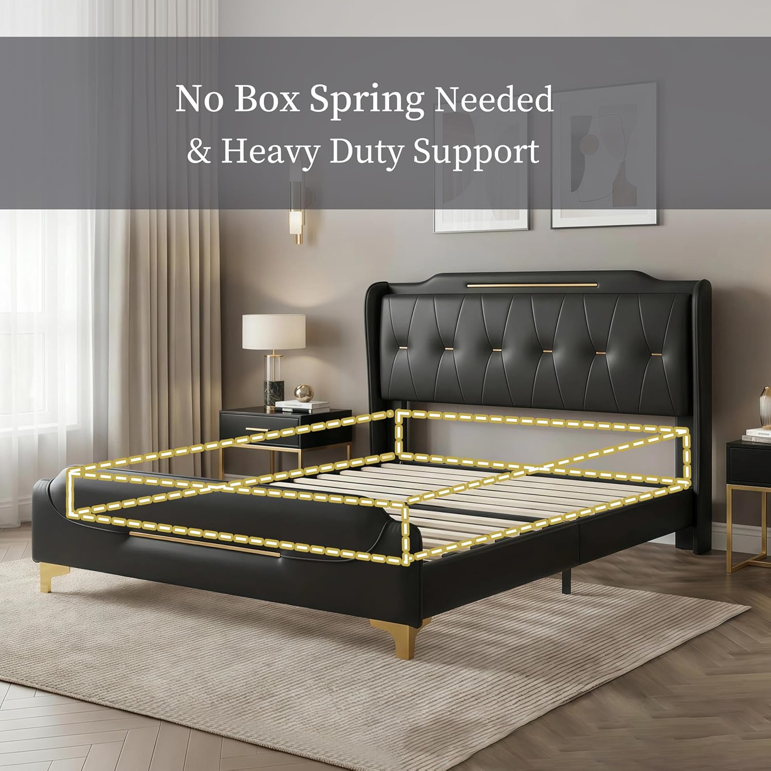 Queen Size Modern Leather Bed Frame with Wingback Headboard & Footboard, PU Upholstered Platform Bed, Solid Wood Slats Support, No Box Spring Needed, Easy Assembly (Black, Queen Size)
