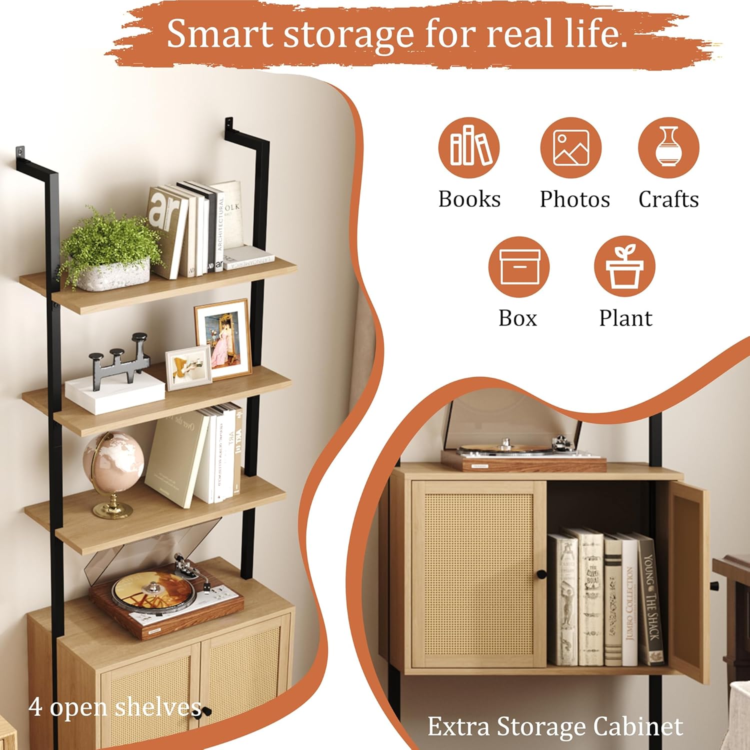 Yusong 73" Tall Bookshelf with Cabinet, Industrial Ladder Wall Mount Shelf Rattan Bookcase with Wood and Metal Frame, Plant Shelf Wall Storage Display for Living Room Bedroom,Light Ivory Brown