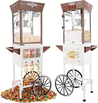 12 oz Popcorn Machine Cart with Candy Dispenser, Pop Corn Machine Maker Stainless-Steel Kettle Makes Up to 48 Cups, Movie Theater Popcorn Machine with 3-Switch Control, 850W, White