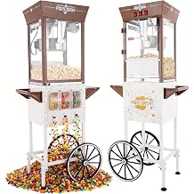 12 oz Popcorn Machine Cart with Candy Dispenser, Popcorn Maker Machine with Stainless-Steel Kettle Makes Up to 48 Cups, Movie Theater Pop Corn Machine with 3-Switch Control for Commercial Home, Brown