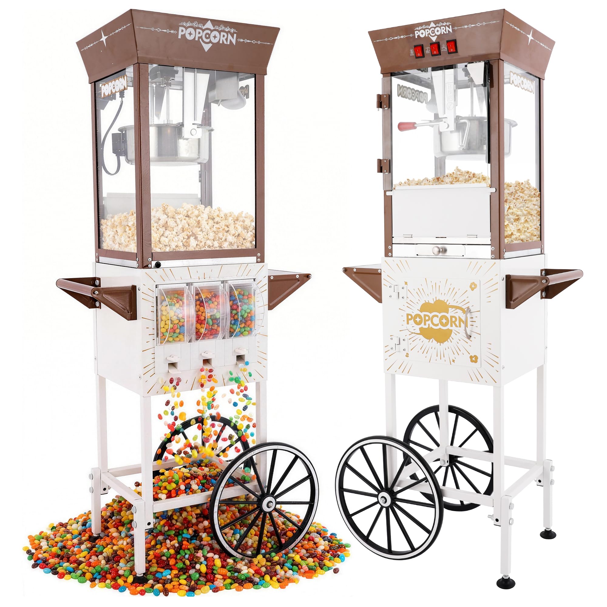 Montary 12 Oz Commercial Popcorn Machine with Cart, Vintage Style Popcorn Maker Equipped with 3 Candy Storage Boxes, Heated Deck &amp; Popcorn Scoops for Home Movie House and Carnival,Brown