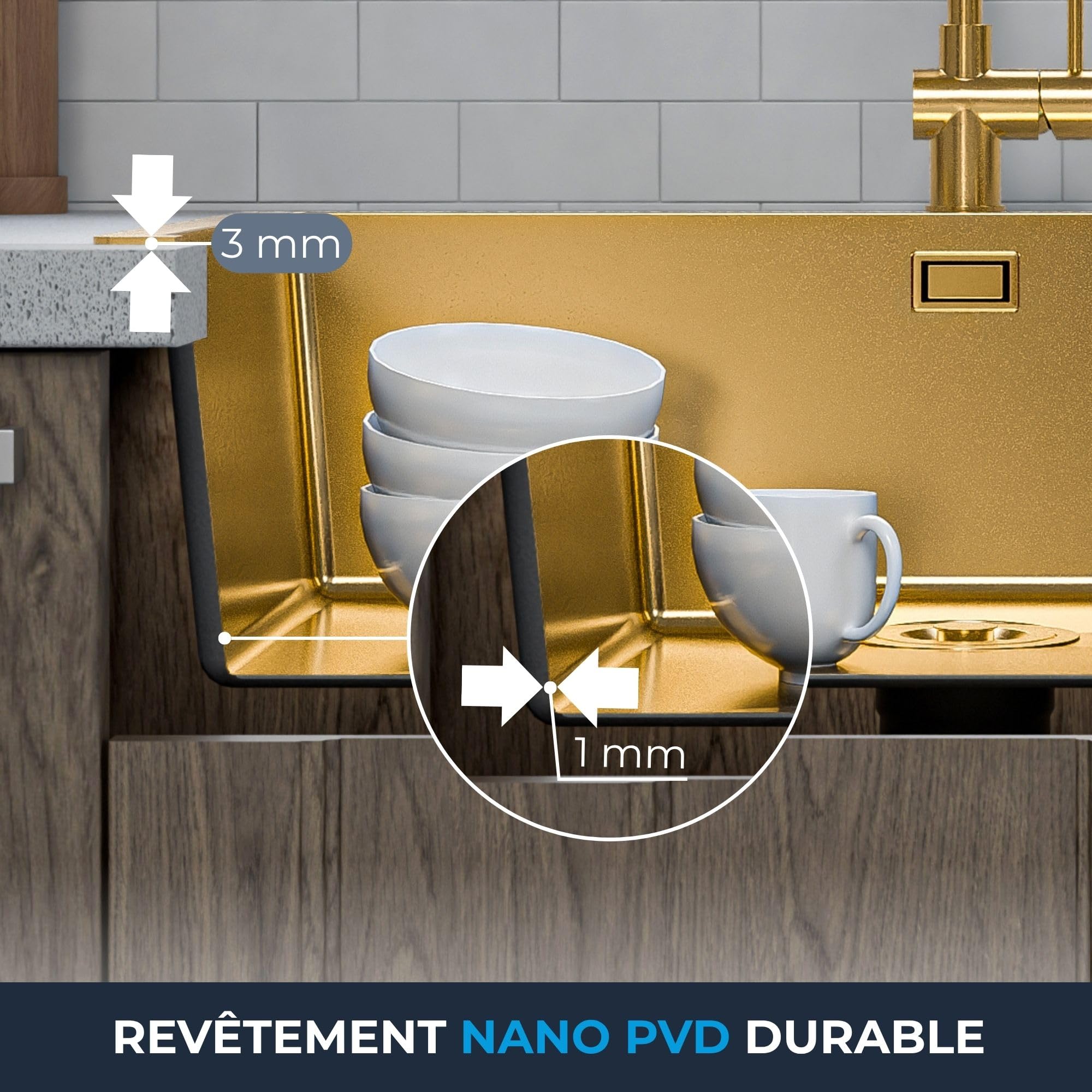 ANW HOME Evier Cuisine 1 Bac 74x44 cm, Or PVD | Encastré/Sous Plan, Revêtement Nano, Épaisseur 3,0+1 mm, Profondeur 22 cm, Avec Siphon