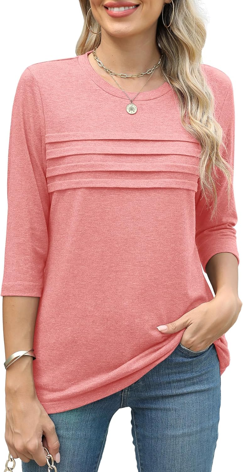 JomeDesign 3/4 Length Sleeve Womens Tops Round Neck Casual Tunic Tops Pleated Shirts Dressy - Image 2
