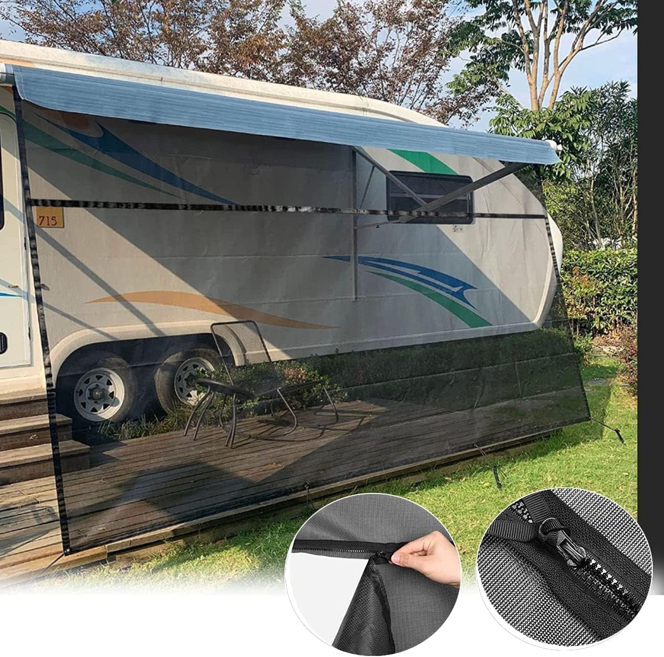 RV Awning Sun Shade Screen 2.44 x 4.57 m with UV Block Mesh, Zip Panel, Wind Strap Kit, PVC Camper Privacy Screen