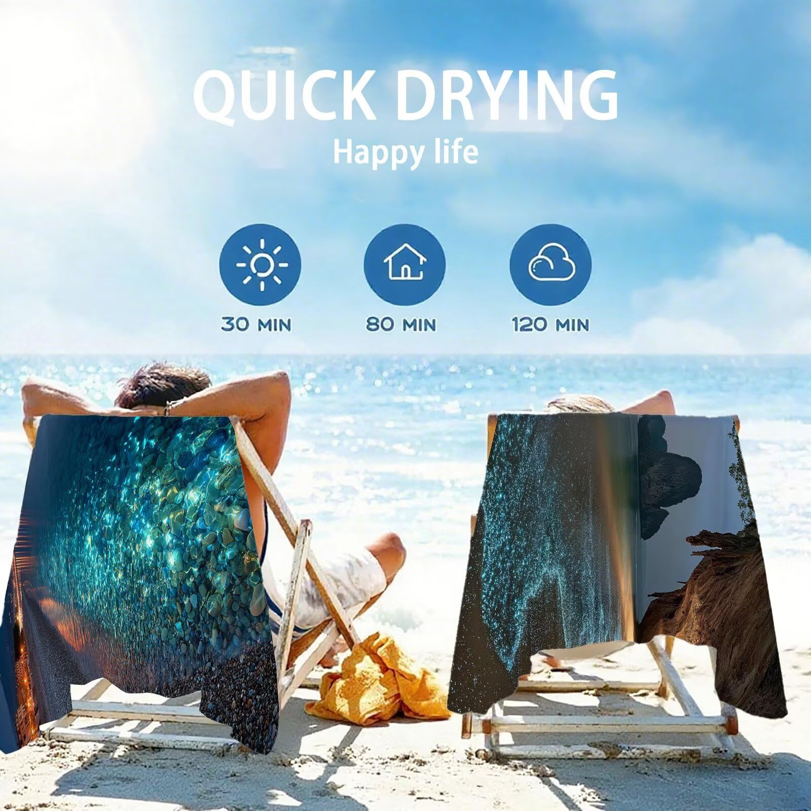 Ręcznik plażowy, morze, z mikrofibry, ręcznik plażowy XXL, 85 x 170 cm, 2 sztuki, nie zawiera piasku, super chłonny ręcznik do pływania, na podróż, urlop, do leżenia, ogrodu, na kemping i plażę OC-530