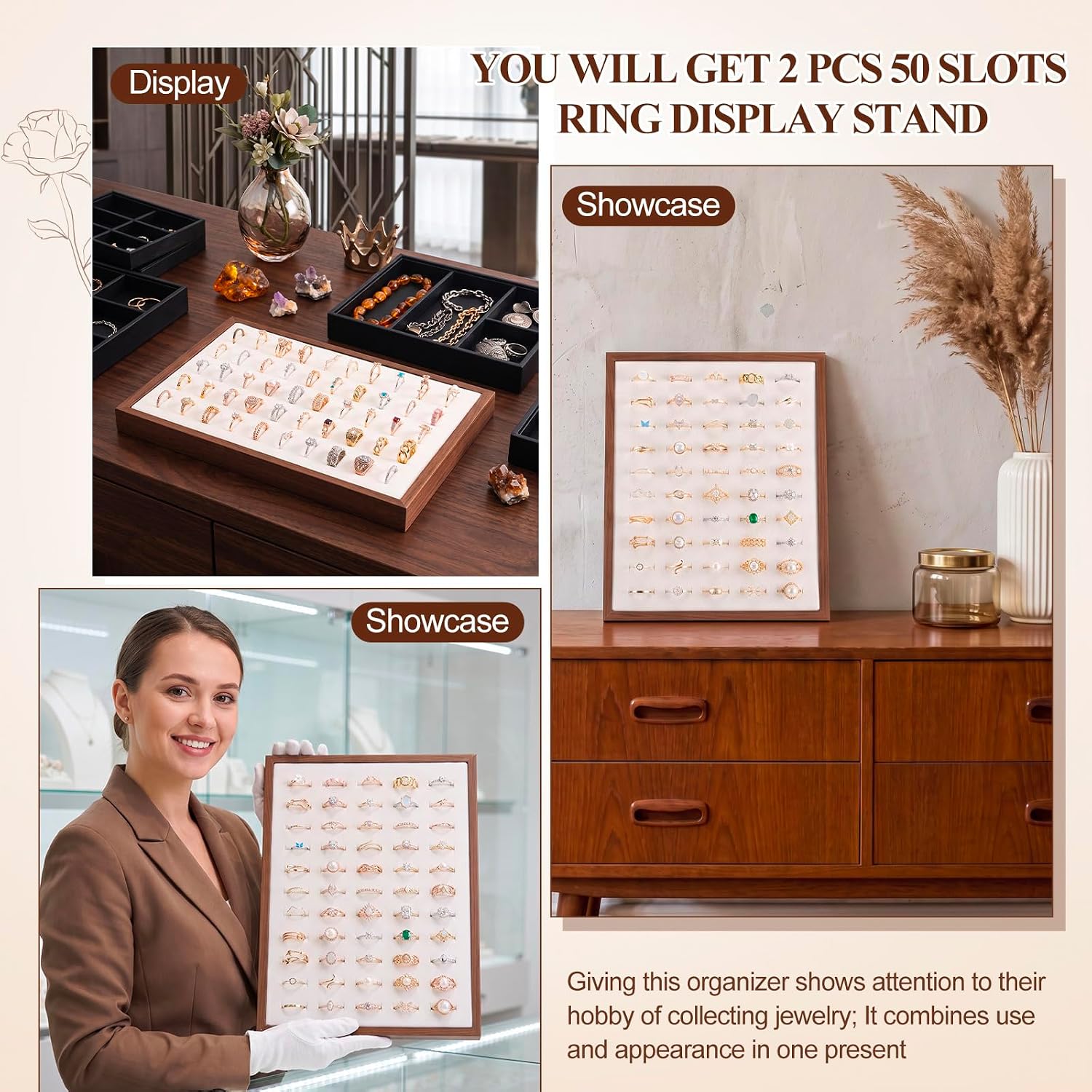 Novabright 2 Pcs Walnut Ring Display Stand 50 Slots Ring Holder