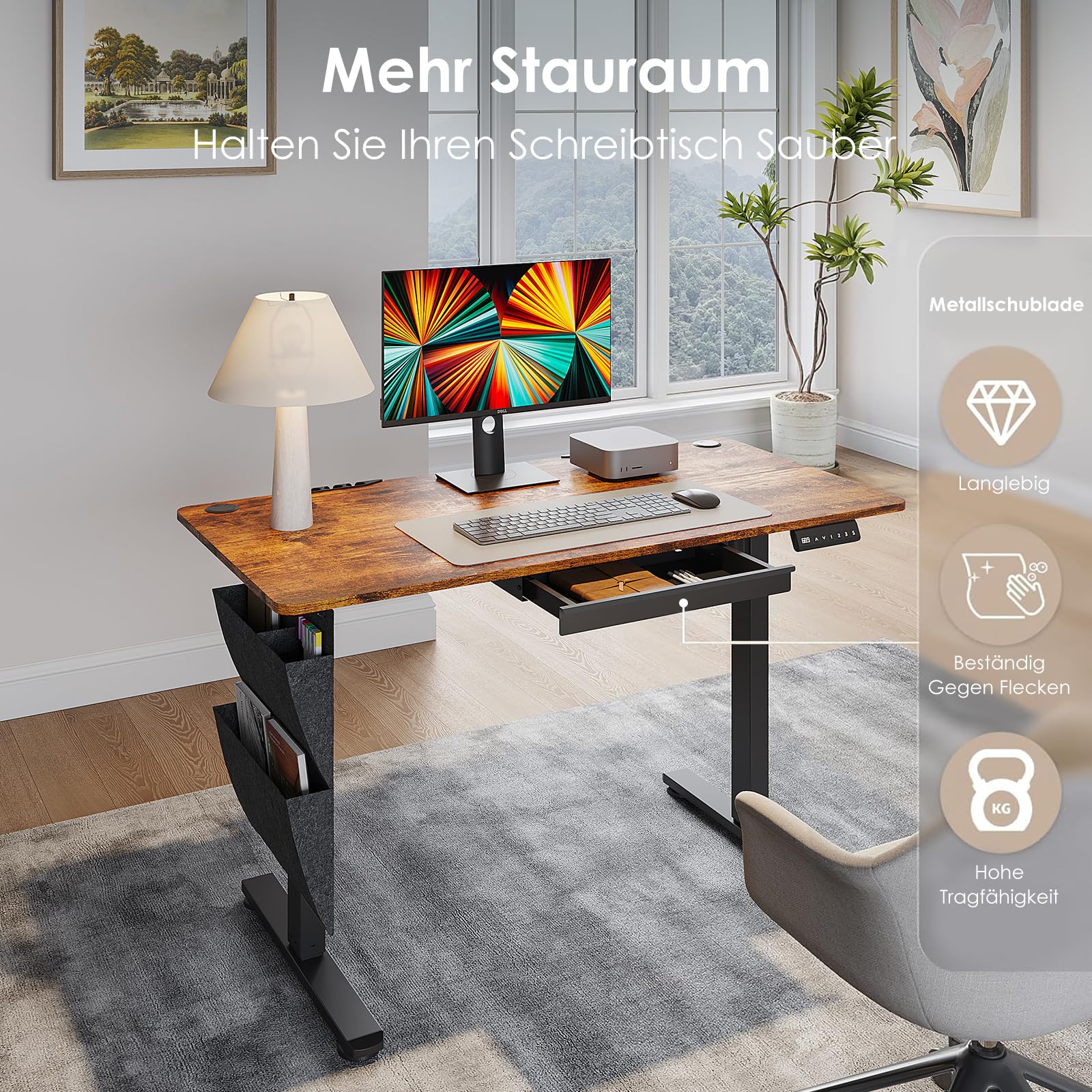 Schreibtisch Höhenverstellbar Elektrisch 120x60 cm, Braun | Steh-Sitz Tisch mit 3 Höhen Memory-Funktion, Verstellbarer Computertisch mit Schubladen für Heimbüro Studium