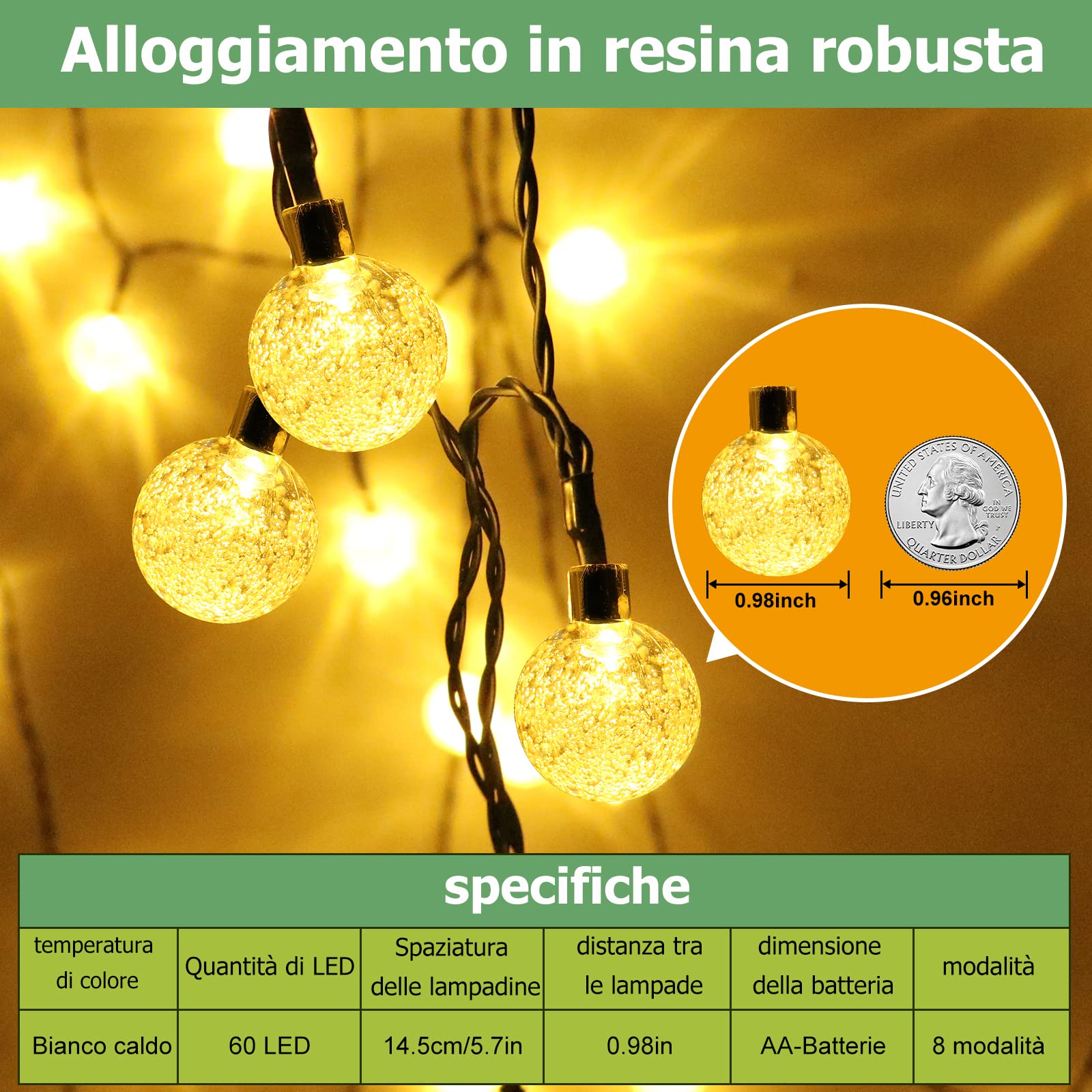 Guirlande Lumineuse 8M, 60 LED À Piles Boule De Cristal Lumière avec Télécommande 8 Modes Imperméable IP65 Ampoules, pour Noël Intérieur Extérieur Jardin Décoration, Mariage