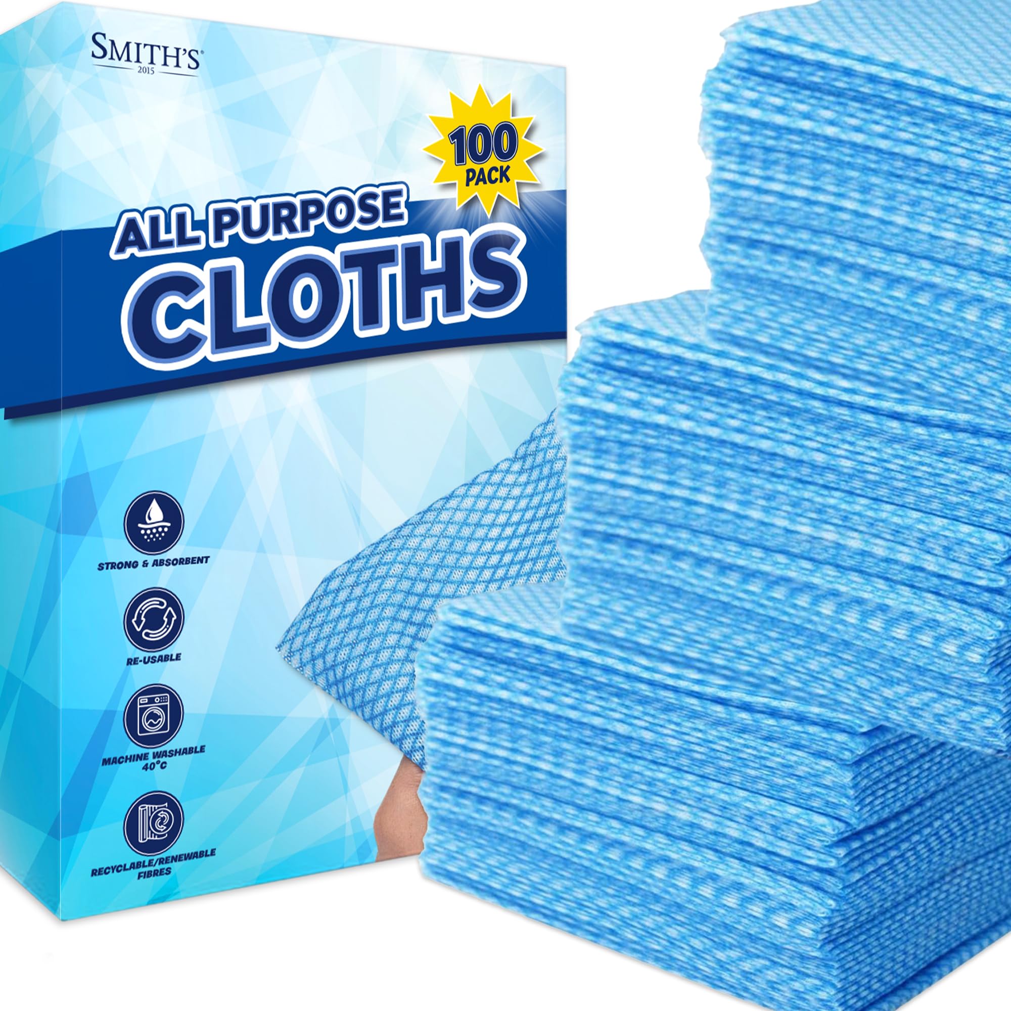100pk All Purpose Cloths by Smith’s® | 31x21cm | Blue Disposable Cleaning J Cloths | Absorbent, Gentle & Reusable | For Household & Professional Cleaning, Polishing, Dusting, Washing Dishes