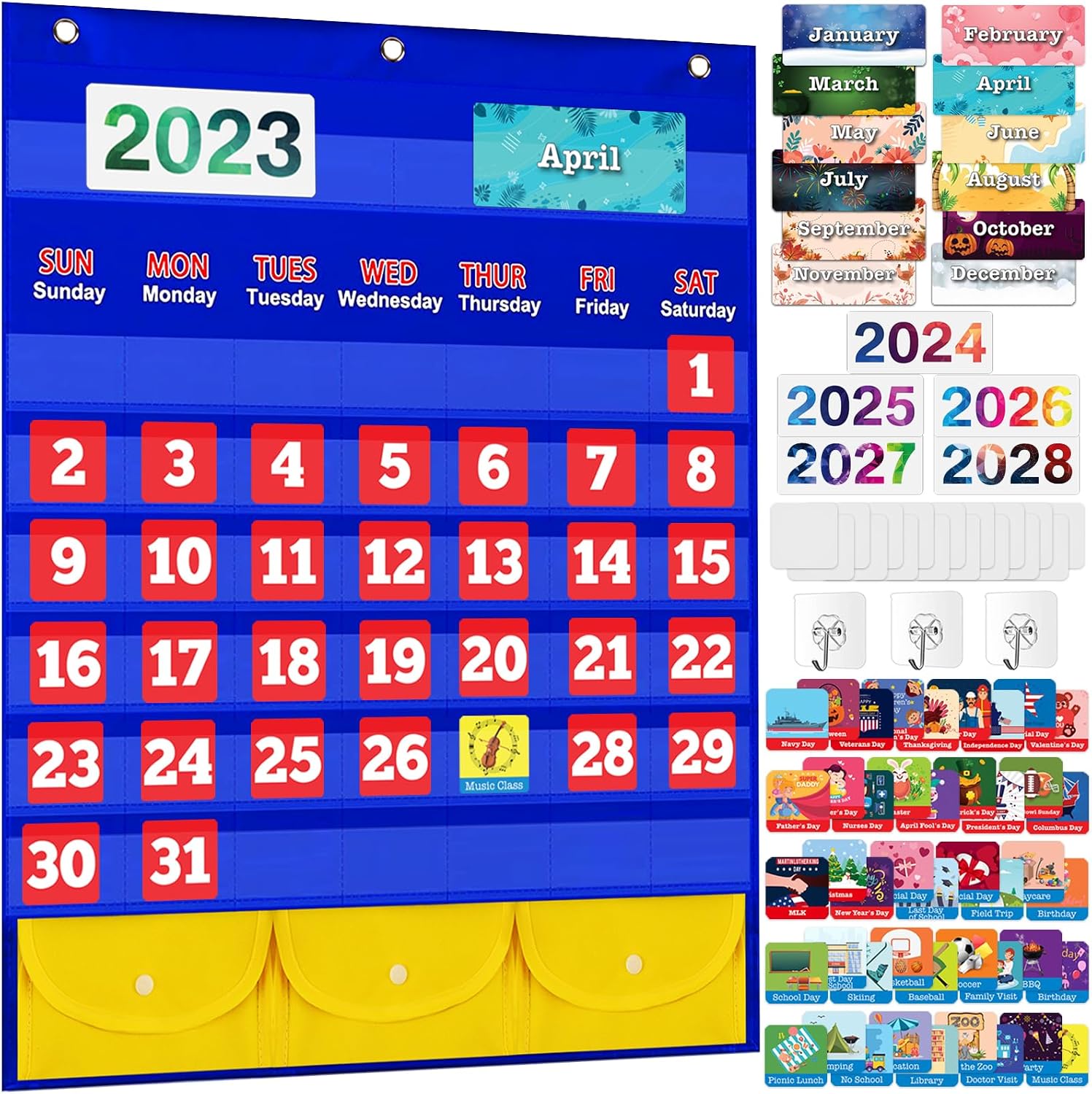 Calendar Pocket Chart with 114 Cards for Classroom, 26.9 x 22.2 In - Kids Monthly Calendar for Homeschool, Early Learning Supplies for Kindergarten/Preschool