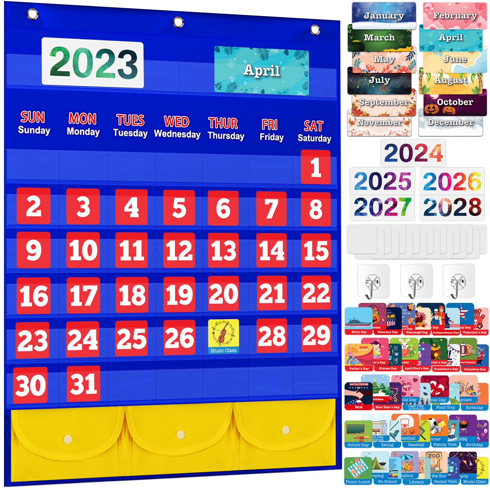 Calendar Pocket Chart with 114 Cards for Classroom, 26.9 x 22.2 In - Kids Monthly Calendar for Homeschool, Early Learning Supplies for Kindergarten/Preschool