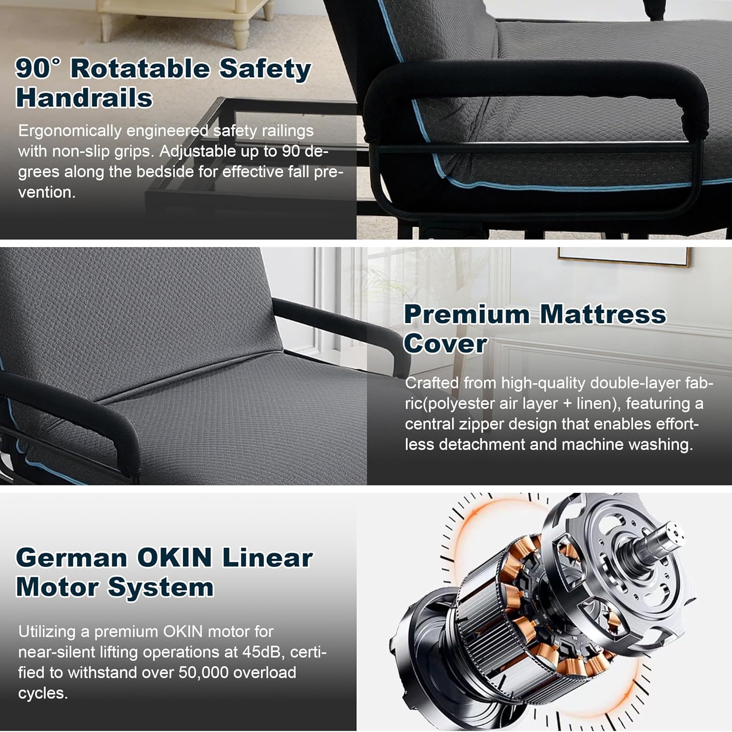 Leavader Electric Adjustable Hospital Bed for Seniors with Wired Remote Control, Lift Bed for Elderly with Mteal Frame&Quiet Motor Foldable Memory Foam Mattress for Standing/Lying Aid/Sitting, Twin