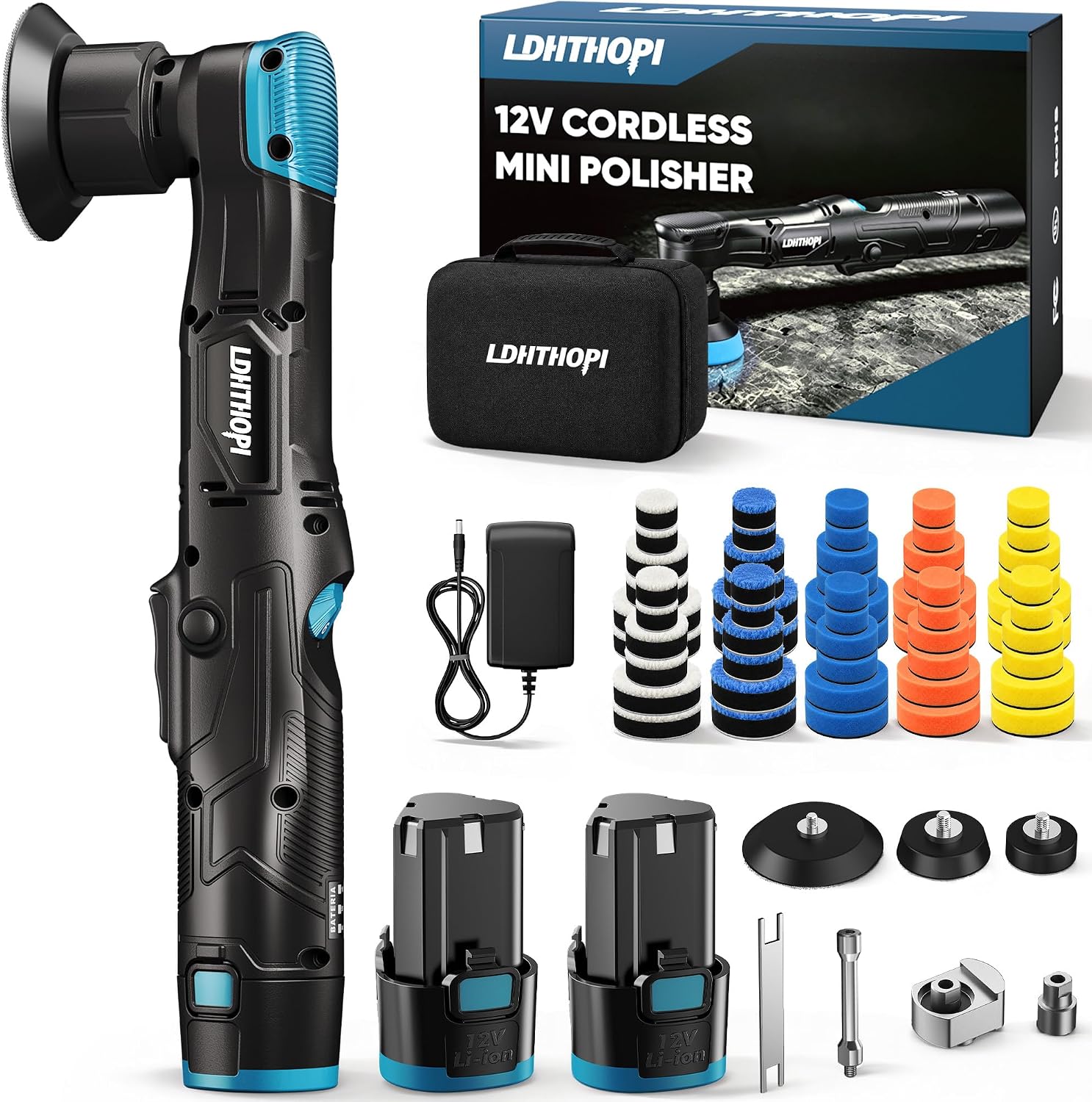 LDHTHOPI 73Pcs Cordless Mini Car Polisher Kit, 12V DA/RO Polisher, 6-Speed
