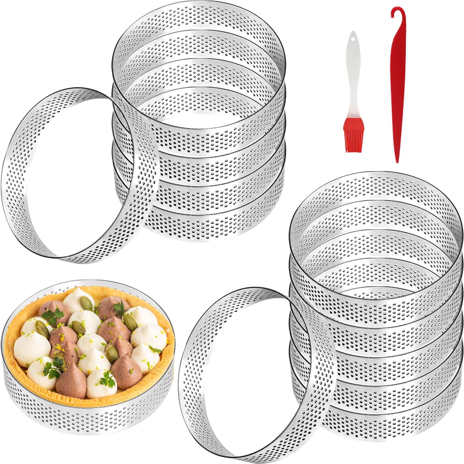 12Pack Tart Rings 3.15 Inch, Stainless Steel Perforated Tart Rings for Baking Nonstick Round Mousse Cake Mold Ring Metal Pastry Mold for French Dessert Crumpet Small Fruit Tarte