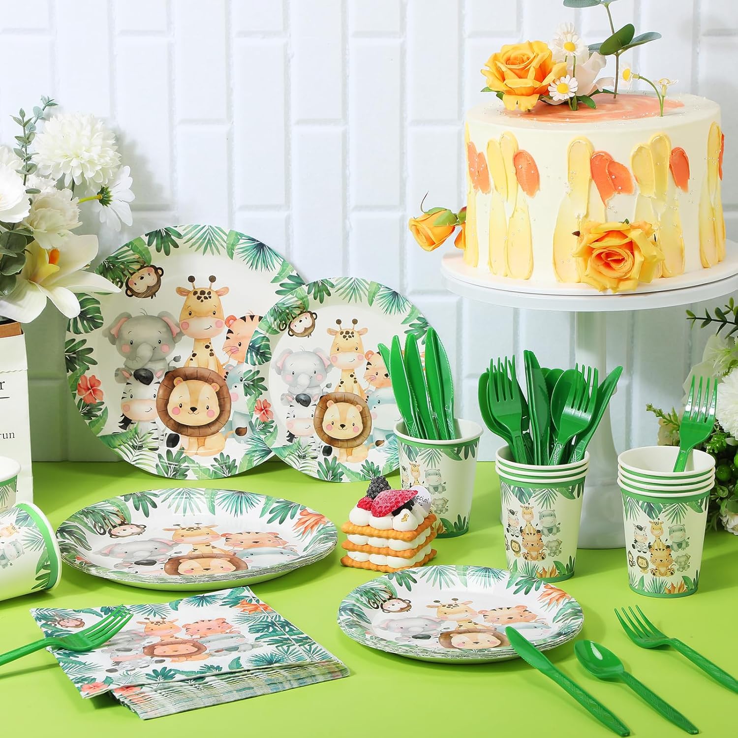 Ziliny 280 Pcs Jungle Safari Animal Paper Plates and Napkins Paper Cups Plastic Knives Forks Spoons Disposable Tableware Set for Baby Shower Safari Theme Birthday Party Supplies, Serve 40