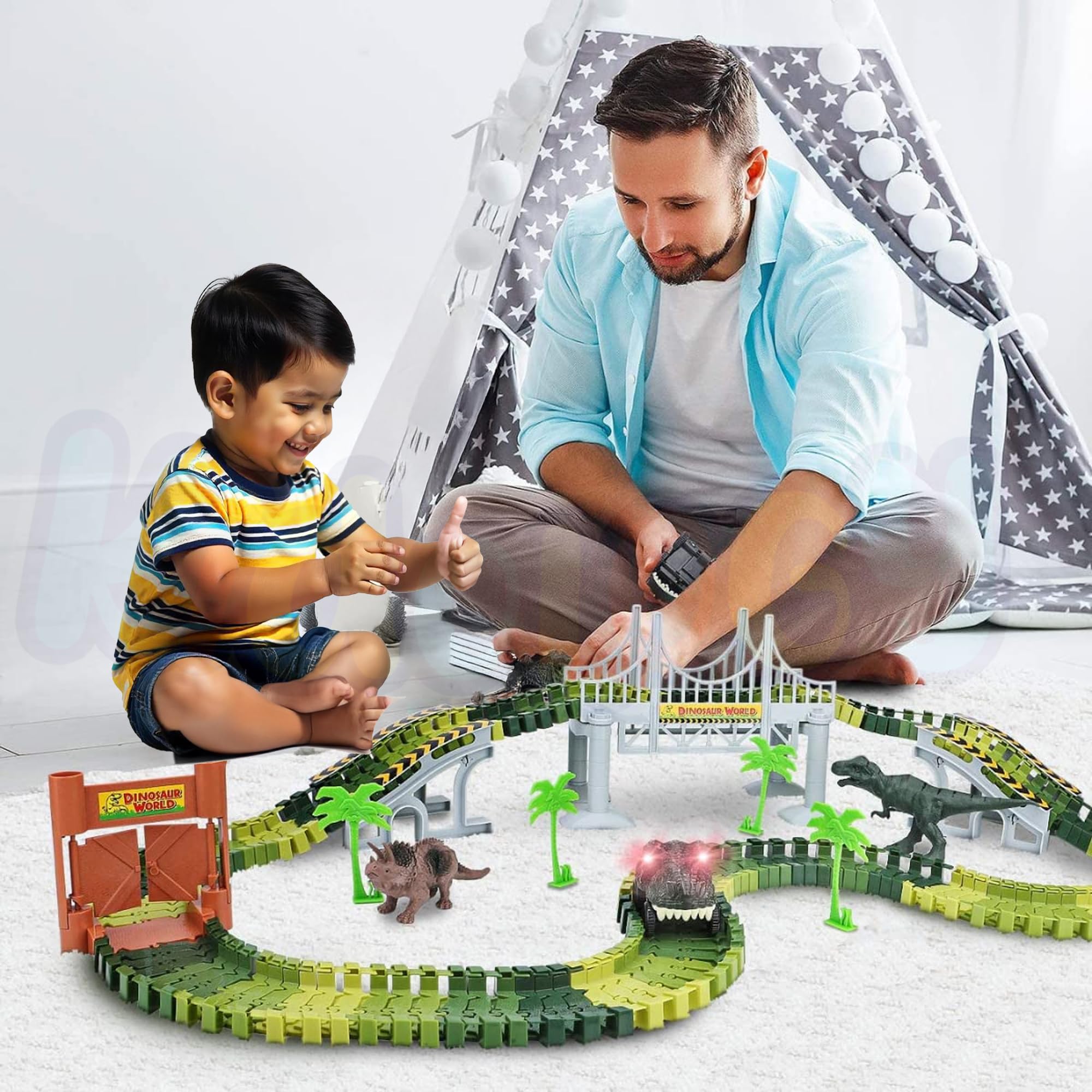 Kidology Create a Jurassic Dinosaur Racetrack Toy Set 142 Pcs, Children STEM Learning DIY Flexible Track Playset, Educational Learning Railway Track Car for Kids Boys Girls 4