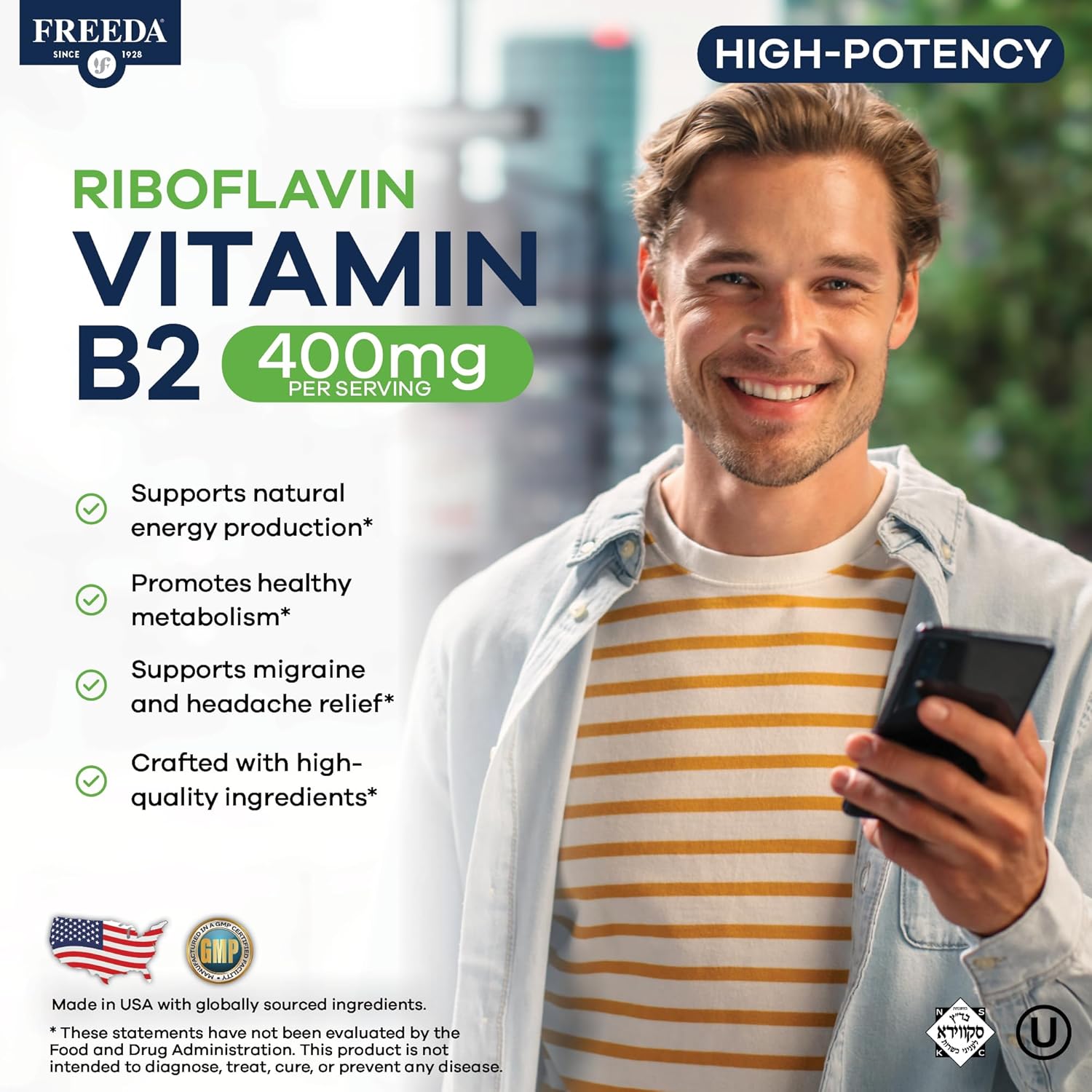 FREEDA Vitamin B2 400 mg Supplement with Riboflavin-5-Phosphate – High Potency B2 Vitamins Riboflavin 400mg per Serving for Energy, Metabolism & Nervous System – Vegan VIT B 2, Small Tablets (60 Ct) - Image 2