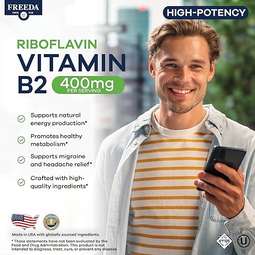 Miniatura 2 de FREEDA Suplemento de vitamina B2 de 400 mg con riboflavina-5-fosfato - B2 de alta potencia para energía, metabolismo y apoyo del sistema nervioso -