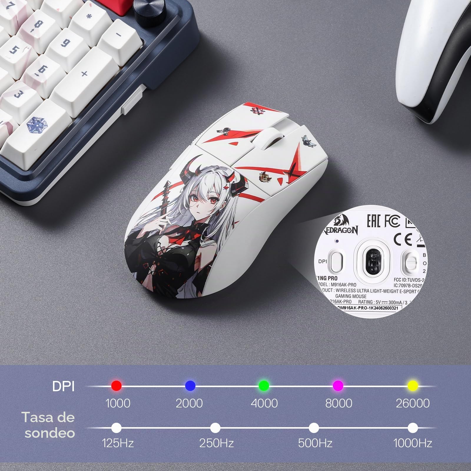 Redragon M916AK PRO - Ratón de juego de anime 3 modos, 42 G, ultraligero, 26 K DPI, conergonómico agarre natural, botones programables, software compatible