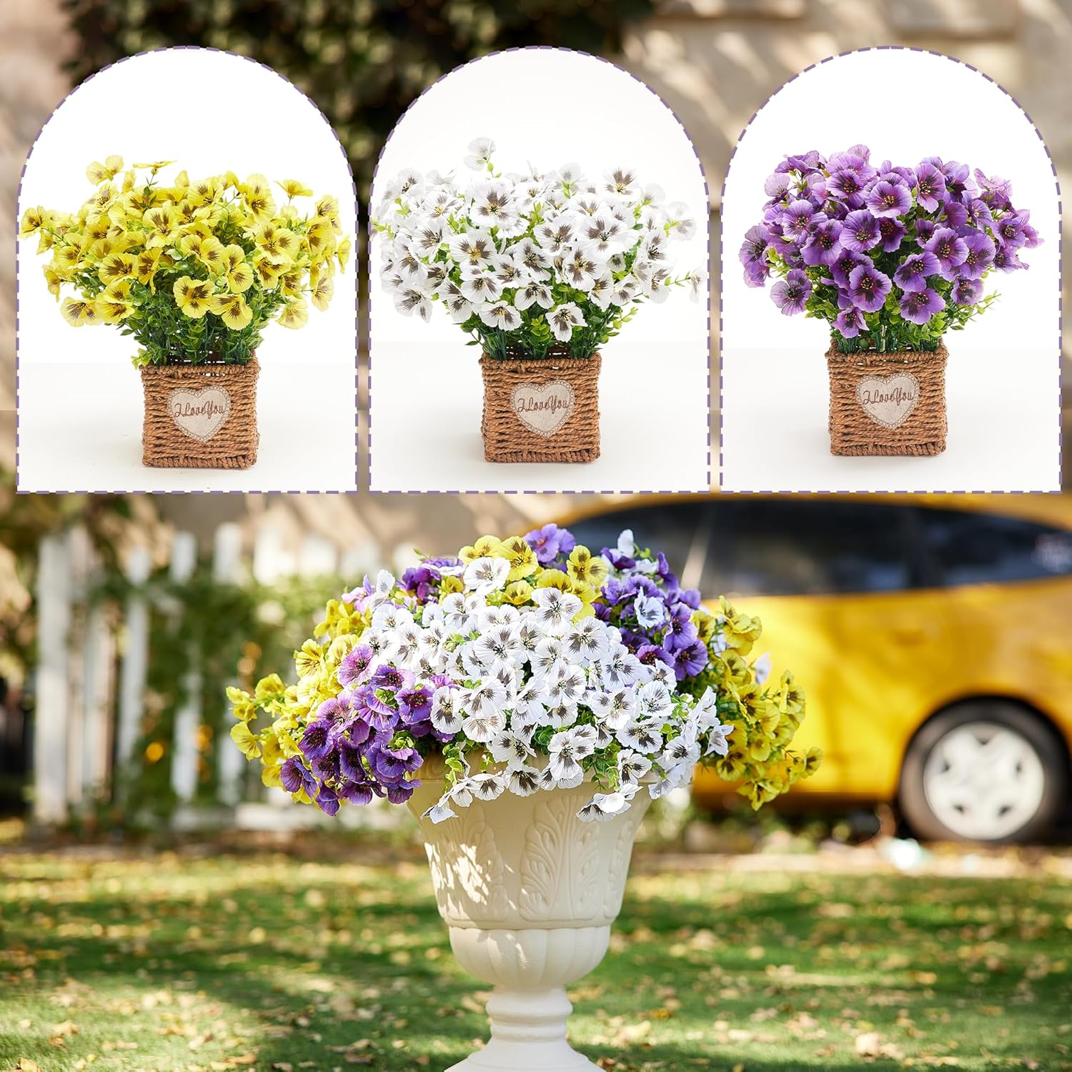 Imncya Fake Pansy Flowers, Faux Flower Pansies with Eucalyptus Leaves, Fake Plants, Artificial Pansy Flowers for Porch Patio Outdoor Indoor Garden Home Decoration (18 Stem Mix Purple Yellow White)