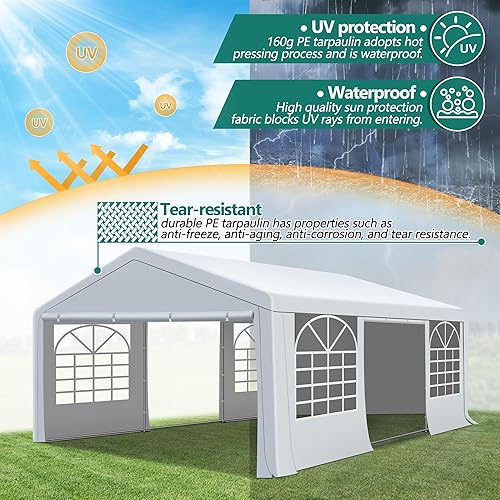 Miniatura 5 de GARTOO Tienda de campaña resistente de 20 x 20 pies  Toldo de refugio para eventos de boda al aire libre con pared lateral extraíble y 4 bolsas de