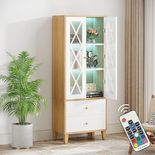 Miniatura 3 de Tribesigns Estantería de 63 pulgadas de alto con puertas, estantería grande independiente con luces LED, estanterías de madera con 2 cajones y 3