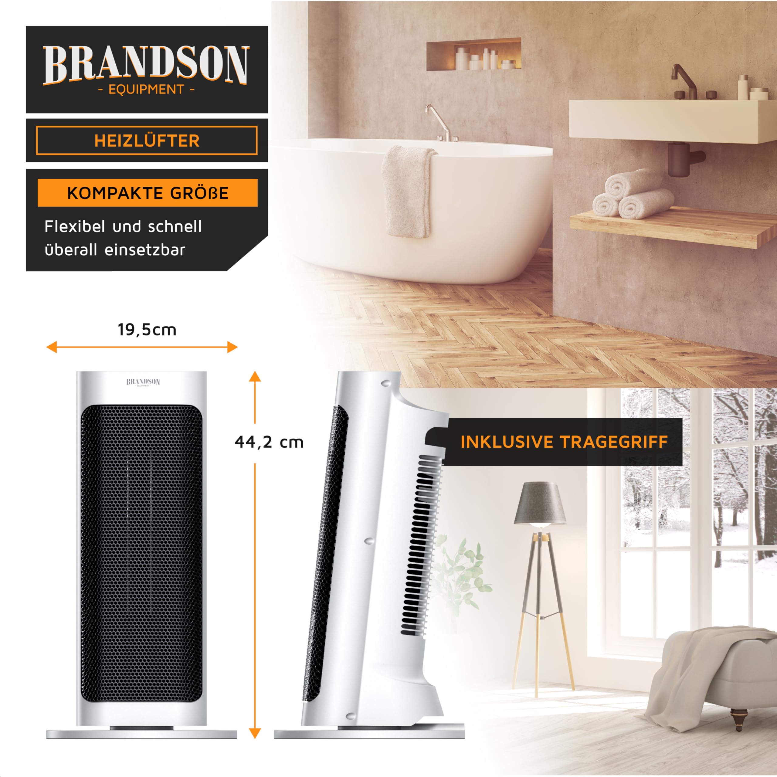 Brandson - Heizlüfter energiesparend leise - elektrischer Keramik Heizstrahler - Elektroheizung mit Fernbedienung - Oszillation - Überhitzungsschutz - Thermostat - Badezimmer Schlafzimmer Wohnzimmer